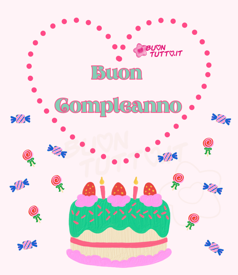 immagini-buon-compleanno-torta-vaniglia-fragola-grande-cuore-buontutto Disegno a tempera su uno sfondo rosa tenue di una torta di compleanno al gusto di vaniglia e fragola, decorata con glassa al pistacchio con zuccherini e ciuffi di panna alla fragola con al centro una fragola e due candeline rosa, tutt'intorno alla torta ci sono caramelle incartate con carta di colore rosa a righe bluette e pois gialli e delle caramelle a girandola con stecco, adornate con un fiocco verde, nel centro dell'immagine c'è disegnato un grande cuore con delle palline di colore fucsia con dentro scritto buon compleanno di colore verde acqua e contorno fucsia. Una raccolta di nuove bellissime Immagini di Buon Compleanno da scaricare gratis e condividere con amici parenti gruppi tramite WhatsApp Facebook Twitter Pinterest Telegram Instagram autore buontutto.it