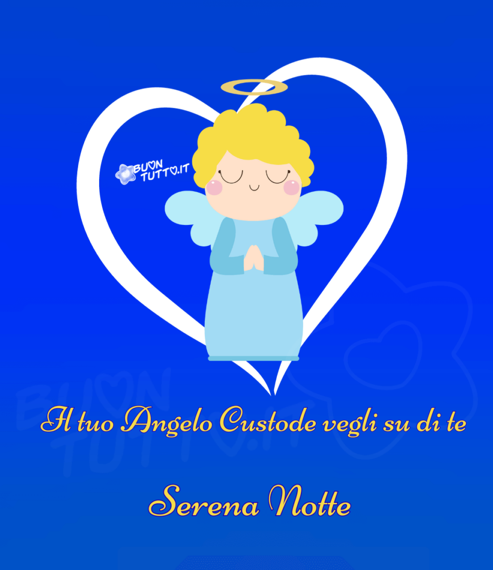 immagini-buonanotte-il-tuo-angelo-custode-vegli-su-di-te-serena-notte-buontutto Disegno su uno sfondo bluette di un cuore dal contorno bianco in cui c'è inserito un angioletto con l'aureola con i capelli biondi e ricci, indossa una tunica celeste anche le ali sono dello stesso colore, le mani sono giunte sul petto in segno di preghiera, ha gli occhi chiusi e un'espressione serena e dolce. Nella parte bassa dell'immagine c'è scritto in un carattere corsivo elegante il tuo Angelo Custode vegli su di te serena notte di colore giallo e contorno blu. Una bellissima immagine che trasmette dolcezza e affetto da scaricare gratis e condividere con amici parenti gruppi tramite WhatsApp Facebook Twitter Pinterest Telegram Instagram creata da buontutto.it
