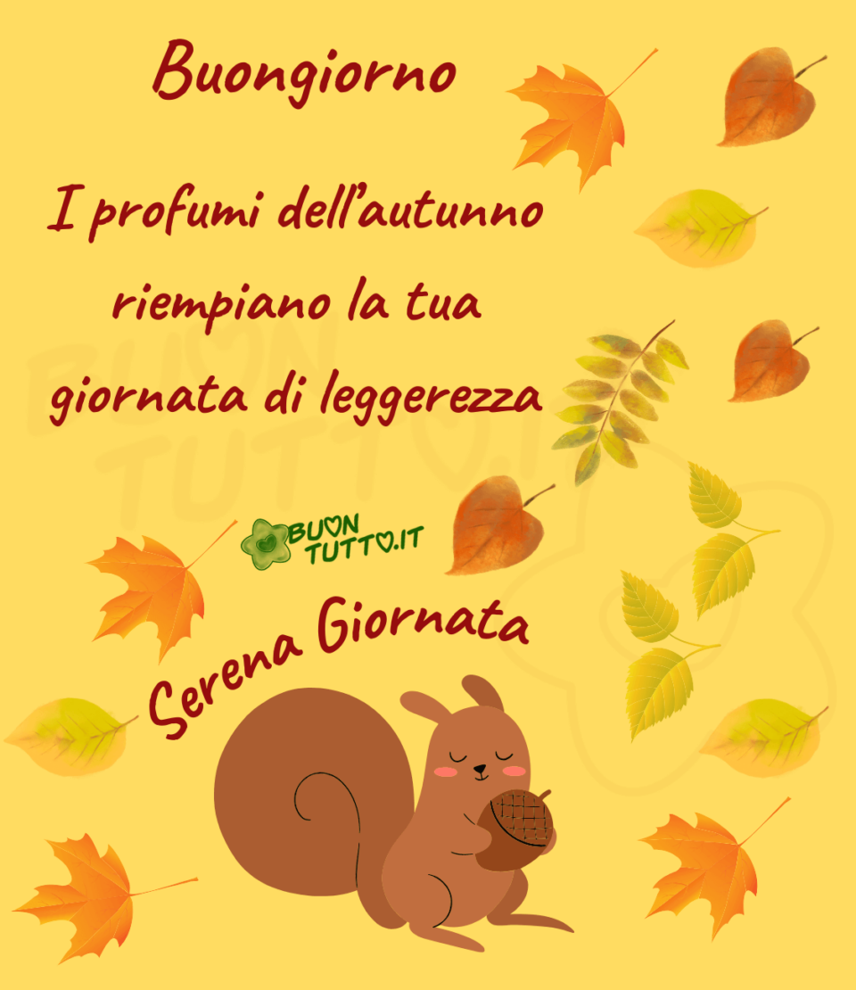 Disegno su uno sfondo giallo ocra di uno scoiattolino che sta stringendo fra le braccine una ghianda, ha gli occhi chiusi e un'espressione del viso serena e sognante nella parte destra dell'immagine e tutt'intorno allo scoiattolo ci sono foglie di betulla di faggio di frassino e d'acero dai bellissimi colori autunnali come il giallo, il rosso, l'arancione il verde oliva. Nella parte alta a sinistra dell'immagine c'è scritto buongiorno I profumi dell’autunno riempiano la tua giornata di leggerezza di colore bordeaux-marrone splendente e nel centro dell'immagine in forma semicircolare serena giornata dello stesso colore. Una meravigliosa immagine che trasmette affetto e serenità. Una raccolta di nuove bellissime immagini di buongiorno autunnale da scaricare gratis e condividere con amici parenti gruppi tramite WhatsApp Facebook Twitter Pinterest Telegram Instagram creata da buontutto.it