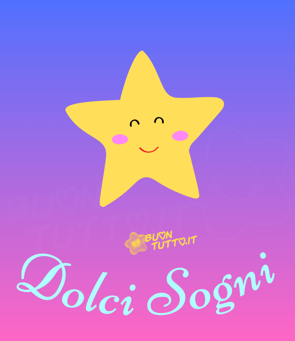 Nel centro di meraviglioso sfondo dalle tinte rosa, lilla, viola e bluette c'è raffigurata una grande stella di bellissimo colore giallo intenso con gli occhi chiusi, un dolce sorriso e delle simpatiche guancette rosa. Nella parte bassa dell'immagine c'è scritto in un carattere corsivo elegante dolci sogni di colore celeste chiaro. Una bellissima immagine che trasmette serenità e pace da scaricare gratis e condividere con amici parenti gruppi tramite WhatsApp Facebook Twitter Pinterest Telegram Instagram le tue piattaforme social preferite creata da buontutto.it