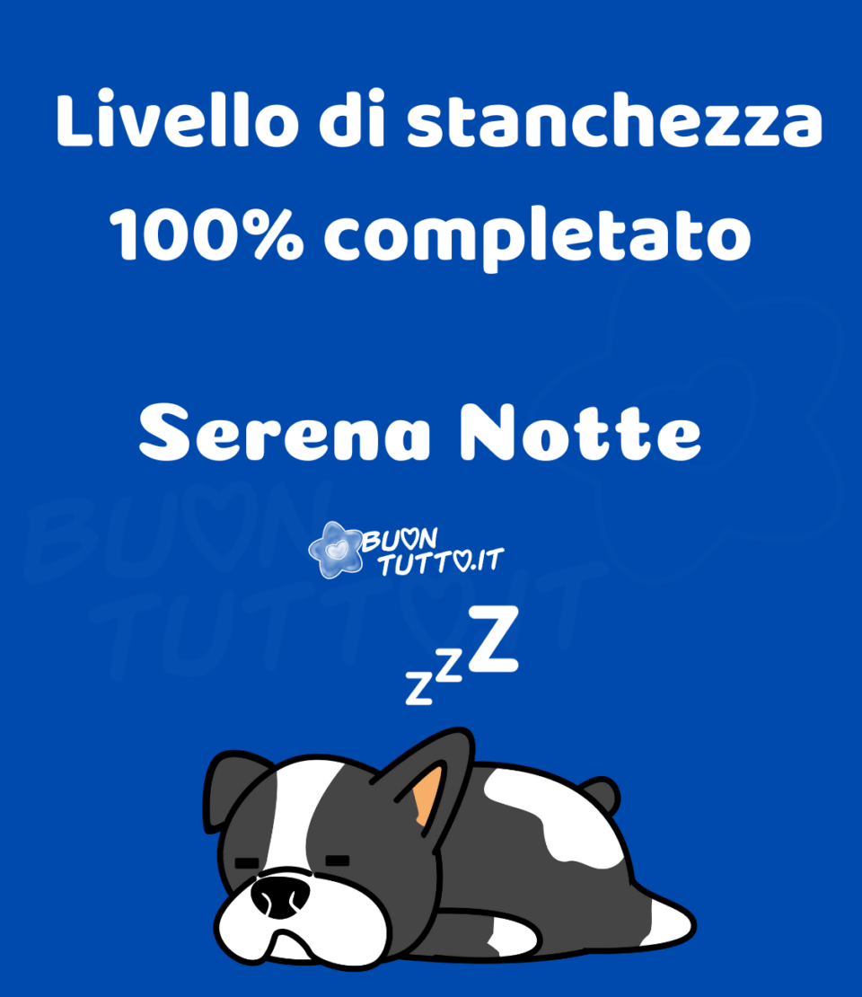 Disegno su uno sfondo bluette di un cagnolino dal pelo di colore grigio e macchie bianche che sta dormendo profondamente sdraiato per terra, sopra la testa del cagnolino ci sono disegnate tre lettere zeta di colore bianco. Nella parte alta dell'immagine c'è scritto Livello di stanchezza 100% completato Serena notte di colore bianco. Un'immagine che trasmette simpatia e amicizia da scaricare gratis e condividere con amici parenti gruppi tramite WhatsApp Facebook Twitter Pinterest Telegram Instagram creata da buontutto.it