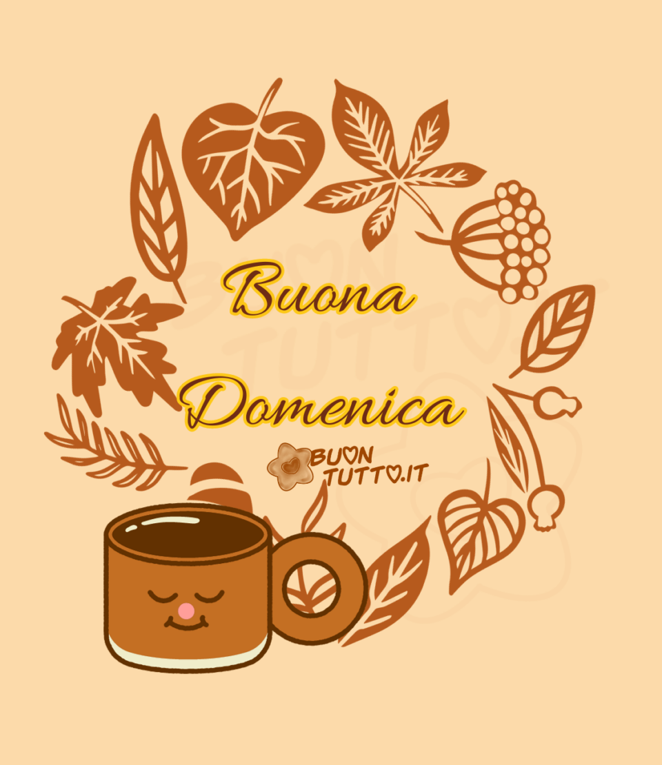 immagini-buongiorno-buona-domenica-ghirlanda-foglie-tazzina-con-faccina-sorridente-buontutto Una tazzina di caffè di colore marroncino con una faccina dall'espressione serena e una ghirlanda di bellissime foglie autunnali per augurare una buona domenica alle persone care e a tutti gli amici da scaricare gratis e condividere con amici parenti gruppi tramite WhatsApp Facebook Twitter Pinterest Telegram Instagram autore buontutto.it
