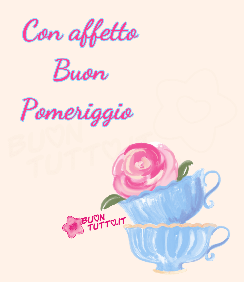 immagini-con-affetto-buon-pomeriggio-rosa-tazze-da-tè-dipinto-ad-acquarello-buontutto Disegno dipinto ad acquarello su uno sfondo rosa cipria sul lato destro dell'immagine, di due tazze da tè di colore azzurro pastello e bordo dorato in stile romantico, posizionate una dentro l'altra, all'interno della prima tazza c'è dipinta una meravigliosa rosa di colore rosa tenue con sfumature bianche. Nella parte alta dell'immagine c'è scritto in un carattere corsivo elegante con affetto buon pomeriggio di colore fucsia e contorno azzurro pastello. Una bellissima immagine che trasmette affetto ed eleganza. Una raccolta di nuove bellissime Immagini di Buon Pomeriggio da scaricare gratis e condividere con amici parenti gruppi tramite WhatsApp Facebook Twitter Pinterest Telegram Instagram autore buontutto.it