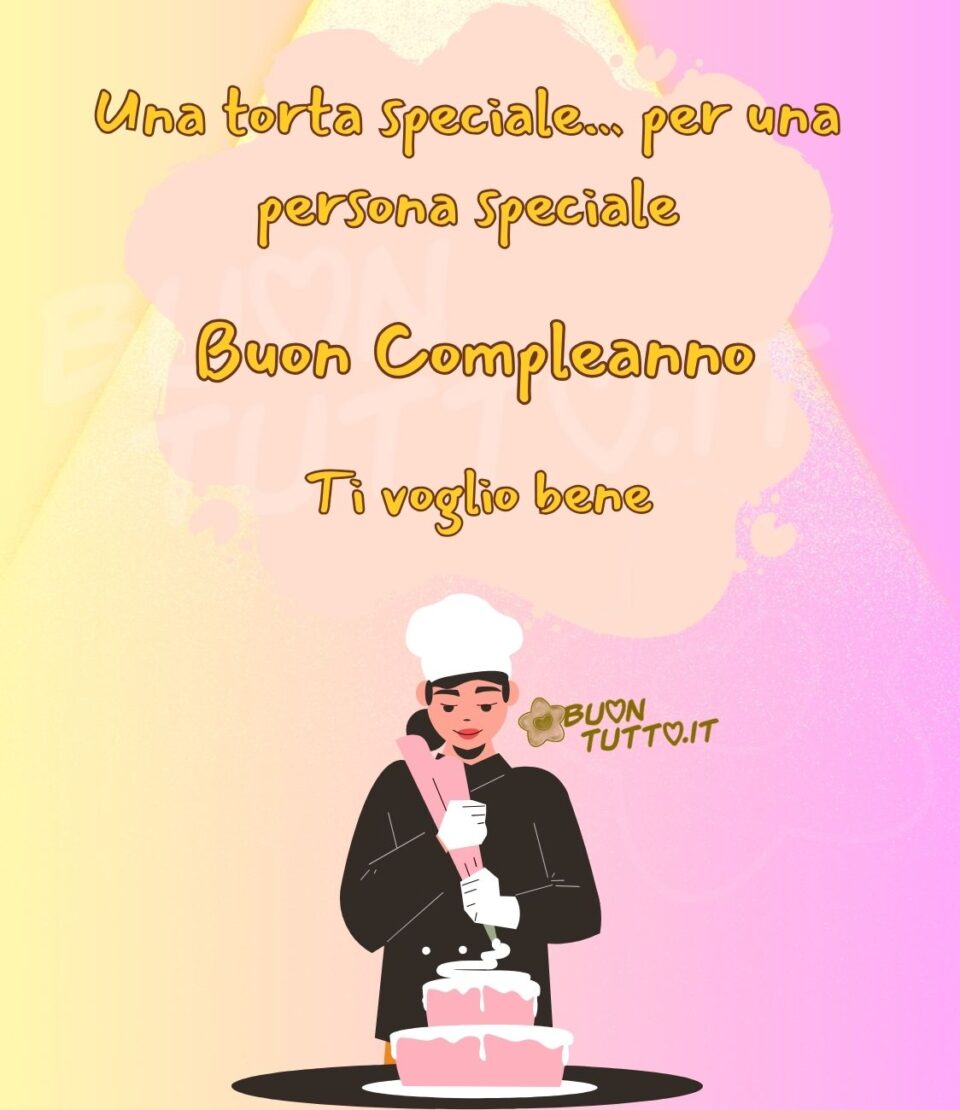 disegno su uno sfondo dalle tinte rosa di una pasticciera che con la tasca da pasticcere sta decorando una fantastica torta  a due piani con la panna montata. Nella parte alta dell'immagine c'è scritto di colore giallo e contorno marrone. Una raccolta di nuove bellissime Immagini di Buon Compleanno da scaricare gratis e condividere con amici parenti gruppi tramite WhatsApp Facebook Twitter Pinterest Telegram Instagram autore buontutto.it