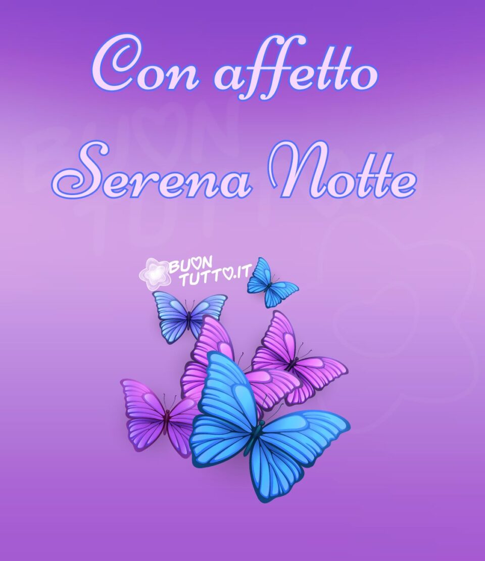 Su uno sfondo dalle sfumature lilla ci sono disegnate tre farfalle di colore celeste e tre di colore rosa che volano verso il cielo in armonia e serenità. Nella parte alta dell'immagine c'è scritto di colore cremino con contorno azzurro Con affetto serena notte. Un'immagine che trasmette dolcezza e pace da scaricare gratis e condividere con amici parenti gruppi tramite WhatsApp Facebook X Twitter Pinterest Telegram Instagram le tue piattaforme social preferite autore buontutto.it