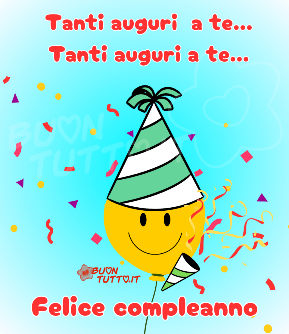 immagini-buon-compleanno-tanti-auguri-a-te-palloncino-faccina-soridente-cappellino-di-festa-lancia-coriandoli-buontutto Disegno di un simpatico palloncino con in testa un capellino da festa di colore verde e bianco una faccina sorridente e un cono spara coriandoli. circondato da coriandoli di tanti colori. Nella parte alta dell'immagine in alto c'è scritto di colore rosso e contorno bianco Tanti auguri a te con tre puntini, Tanti auguri a te con tre puntini. Nella parte bassa dell'immagine c'è scritto colore rosso e contorno bianco felice compleanno. Un'immagine festosa e allegra. Una raccolta di nuove bellissime Immagini di Buon Compleanno da scaricare gratis e condividere con amici parenti gruppi tramite WhatsApp Facebook X Twitter Pinterest Telegram Instagram autore buontutto.it