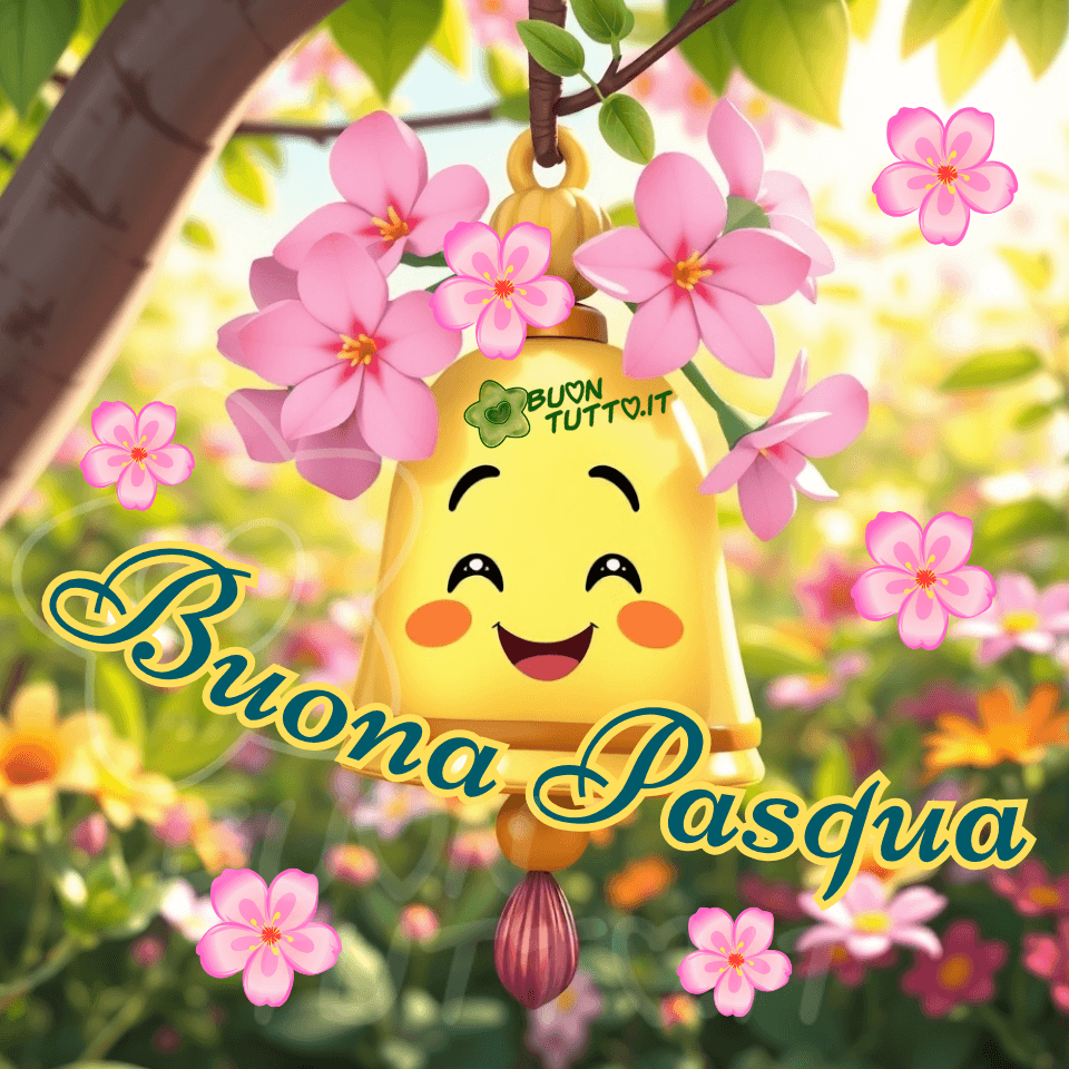 Disegno di una campanella gialla dal design stilizzato e tondeggiante, caratterizzata da un volto antropomorfo estremamente felice. Gli occhi chiusi a fessura suggeriscono un sorriso radioso, mentre le sopracciglia arcuate, le guance arrossate in un delicato arancione e la bocca aperta in un’espressione di entusiasmo trasmettono immediata gioia e positività.  Sulla parte superiore della campanella è presente una corona di fiori di ciliegio rosa, simbolo di primavera e rinascita. Dalla base pende un batacchio composto da una piccola sfera dorata e da una goccia striata nei toni del porpora/magenta, che aggiunge un tocco elegante e decorativo. Numerosi fiori di ciliegio rosa sono distribuiti in tutta la composizione: alcuni aderenti alla campanella, altri sospesi nell’aria, creando un piacevole senso di movimento e profondità. Lo sfondo rappresenta un giardino primaverile con effetto bokeh, dominato da tonalità di verde brillante, giallo e accenti di rosa, che evocano un’atmosfera luminosa, soleggiata e serena. La luce morbida e calda, insieme ai riflessi lucidi sulla superficie della campanella, conferisce all’oggetto una texture simile alla ceramica smaltata. Nella parte centrale dell’immagine compare la scritta “Buona Pasqua”, disposta in forma semi‑circolare e realizzata con un carattere corsivo elegante in stile retrò, di colore verde con contorno giallo in grassetto. L’insieme trasmette un forte senso di ottimismo, serenità, celebrazione, gentilezza, felicità e buonumore, rendendo l’illustrazione perfetta per augurare una Pasqua gioiosa e luminosa. Questa immagine fa parte di una raccolta di nuove e splendide rappresentazioni per gli auguri di Buona Pasqua, pensate per essere scaricate gratuitamente e condivise con amici, persone care, familiari, parenti e gruppi su WhatsApp, Facebook, X (Twitter), Pinterest, Telegram, LinkedIn, Instagram e su tutte le principali piattaforme social. Autore BuonTutto.it 