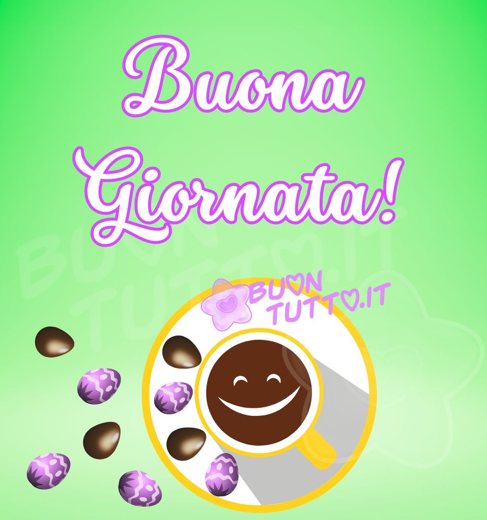immagini-buongiorno-pasquale-buona-giornata-da-scaricare-gratis-condividere-con-amici-caffe-ovetti-pasqua-buontutto Su uno sfondo dalle sfumature verde brillante c'è disegnata una tazzina di caffè, vista dall'alto, di colore giallo con un visino sorridente e simpatico; dal lato sinistro dell'immagine ci sono tanti piccoli ovetti di cioccolato, alcuni scartati e altri incartati con una carta di colore lilla e decorati con una greca di colore cremino e dei piccoli ovali. Un'immagine radiosa che trasmette gioia e serenità per iniziare la giornata con il buonumore in questa settimana pasquale da scaricare gratis e condividere con amici, parenti, gruppi e su tutte le tue piattaforme social preferite creata da buontutto.it