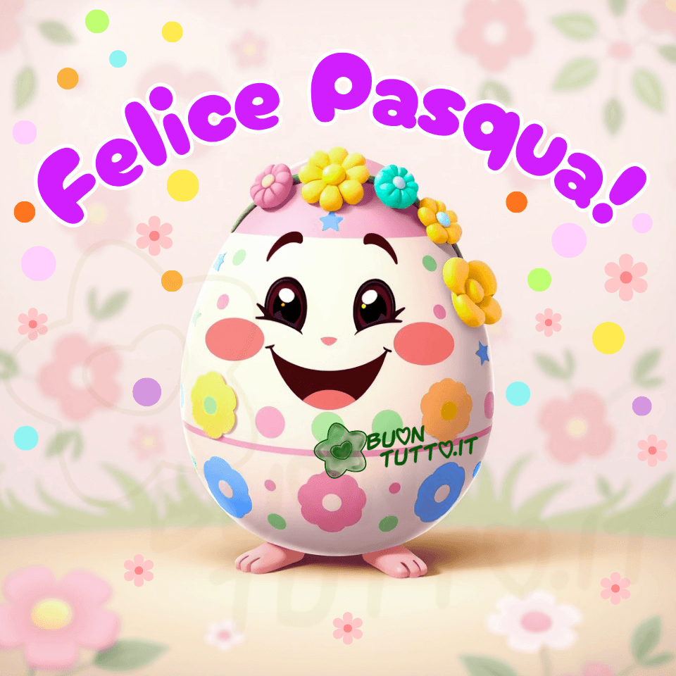 Questa immagine raffigura un personaggio adorabile e colorato, perfetto per celebrare la Pasqua. Al centro si trova un uovo antropomorfo dal design gioioso e cartoonesco: ha grandi occhi scuri e brillanti, guance rosate molto accentuate e un ampio sorriso aperto che trasmette felicità e simpatia. Il guscio è bianco, decorato con una fascia rosa centrale, motivi a pois verdi e azzurri e piccoli fiori colorati. Sulla parte superiore dell’uovo è appoggiata una coroncina di fiori nei toni del giallo, rosa e azzurro, che scende leggermente su un lato. In basso spuntano due piedini rosa stilizzati, che sorreggono il personaggio e ne accentuano l’aspetto tenero e giocoso. L’ambiente circostante richiama un mondo fantastico e delicato, dominato da tonalità pastello (rosa, giallo, verde e azzurro) che trasmettono dolcezza, serenità e un’atmosfera primaverile. Lo sfondo è sfocato e decorato con sagome di fiori e cerchi colorati in stile bokeh, che fluttuano nell’aria creando un effetto sognante e luminoso. Il design è realizzato in 3D moderno, con texture morbide e un’illuminazione calda che rende il personaggio quasi tangibile. Nella parte superiore dell’illustrazione compare la scritta “Felice Pasqua!” in forma semicircolare, realizzata con un carattere corsivo bombato lilla con contorno bianco. L’immagine comunica un messaggio di allegria, amicizia, accoglienza, gioco e festa, ideale per fare gli auguri di Pasqua con tanto buonumore e positività. Questa illustrazione fa parte di una nuova raccolta di splendide immagini di Buona Pasqua, create per essere scaricate gratuitamente e condivise con amici, persone care, familiari, parenti e gruppi su WhatsApp, Facebook, Instagram, Pinterest, Telegram, X (Twitter), LinkedIn e tutte le piattaforme social preferite. Autore BuonTutto.it