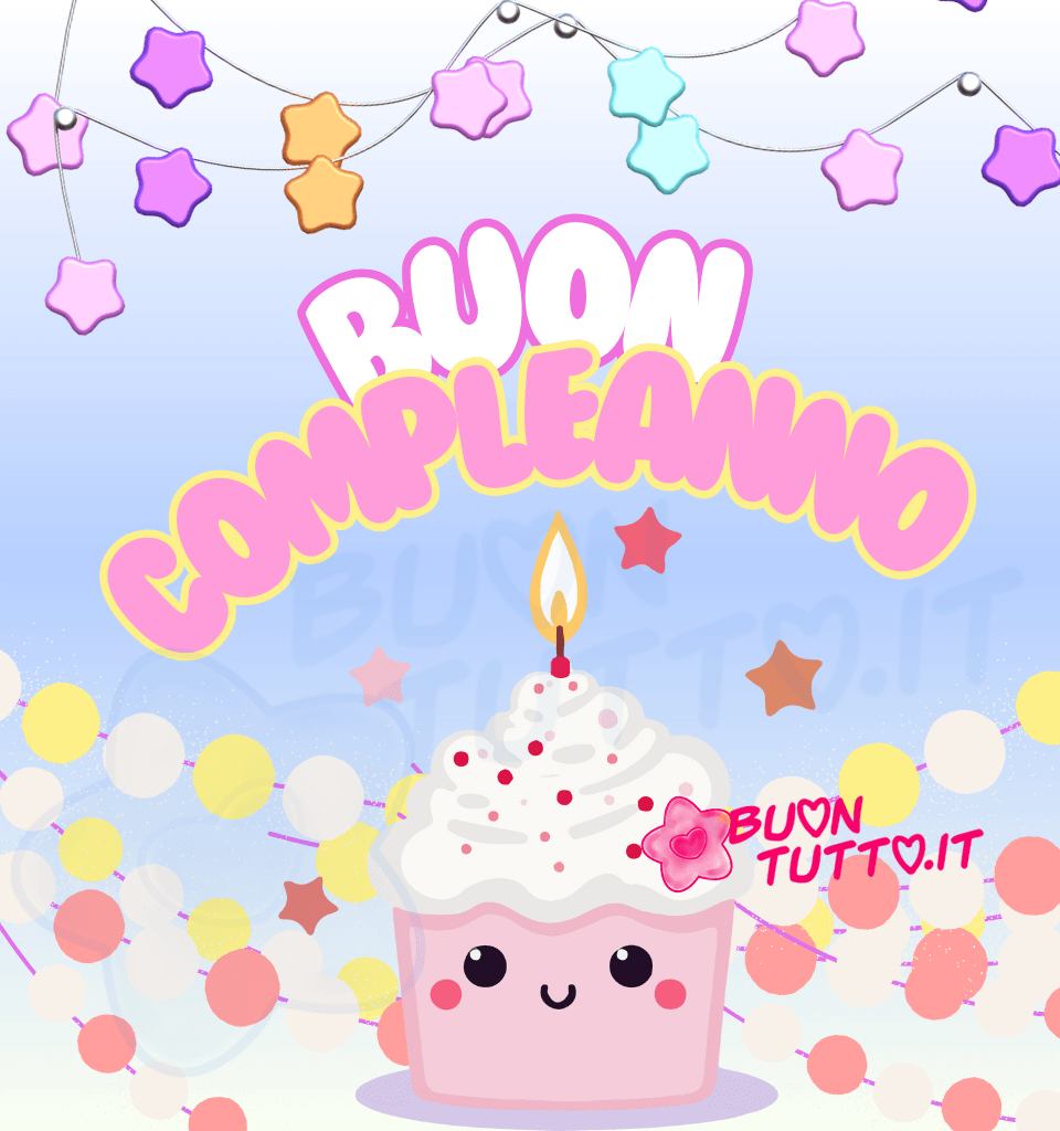 immagini-buon-compleanno-da-scaricare-gratis-auguri-goloso-cupcake-festa-coriandoli Disegno di un simpatico cupcake con panna montata dal visino sorridente e una gioioso, sopra la panna c'è accessa una candelina; intorno al dolcetto ci sono disegnate delle decorazioni a forma di bolle e stelle; nella parte alta dell'immagine ci sono appese delle catenelle con delle decorazioni di stelle di colore celesti, arancioni e lilla. Nella parte centrale dell'immagine c'è scritto in forma semi-circolare con un effetto tridimensionale di colore bianco e contorno rosa Buon e di colore rosa e contorno giallo compleanno. Un'immagine festosa e amorevole per augurare con dolcezza il buon compleanno alle persone che portiamo nel cuore da scaricare gratis e condividere con amici, parenti, gruppi e su tutte le tue piattaforme social preferite creata da buontutto.it