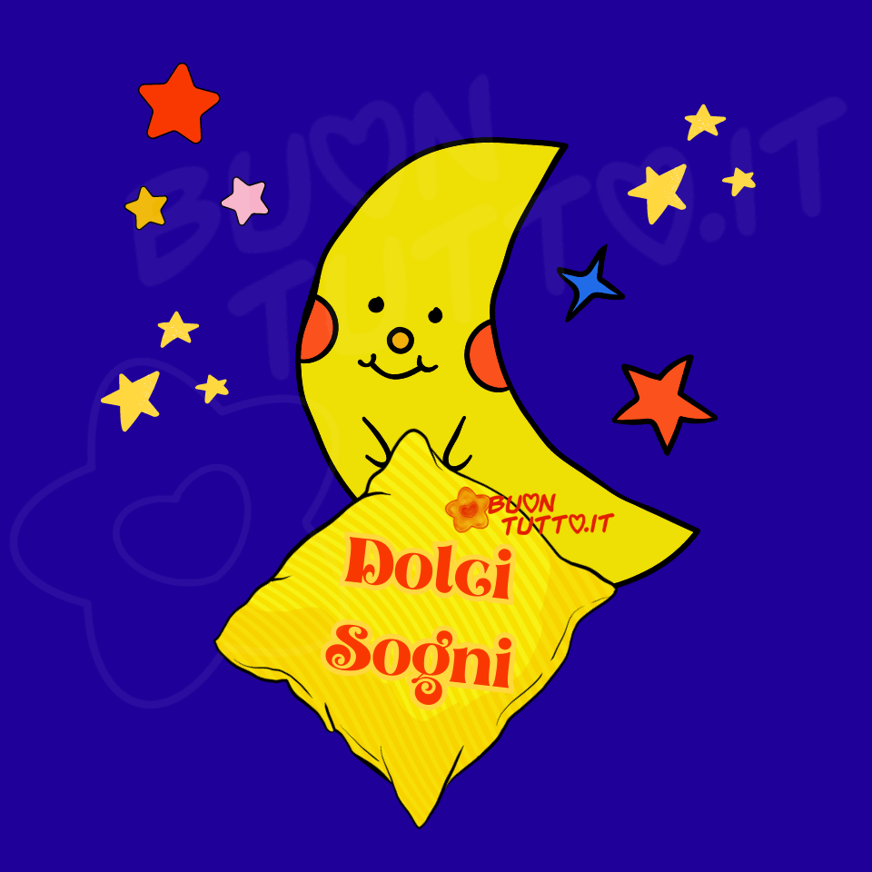 immagini-buonanotte-dolci-sogni-simpatica-luna-bellissima-immagine-da-scaricare-gratis-buontutto disegno su uno sfondo azzurro di tante stelle di diversi colori e nel centro una mezza luna sorridente con delle simpatiche guanciotte di colore arancione che tiene in mano un morbido cuscino di colore giallo sopra di esso c'è scritto di colore rosso Dolci sogni. Un'immagine che trasmette positività e affetto da scaricare gratis e condividere con amici parenti gruppi tramite WhatsApp Facebook Twitter Pinterest Telegram Instagram autore buontutto.it