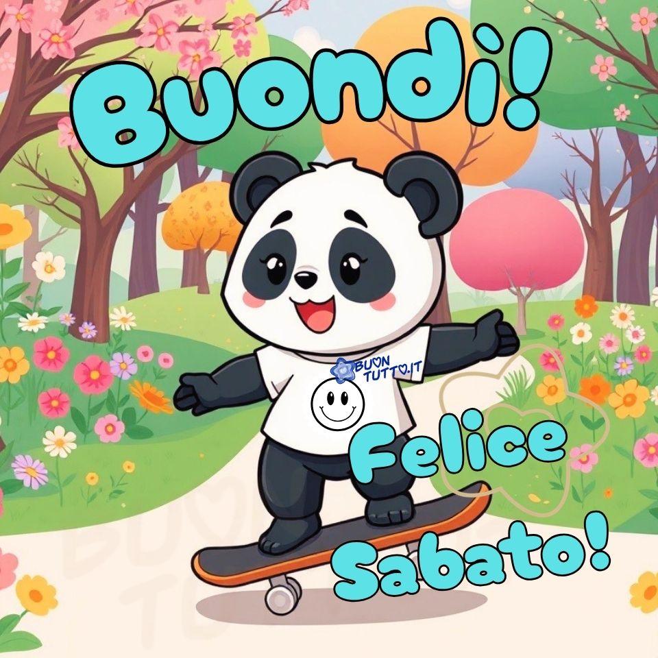 Panda Skateboard Buongiorno Buondì Felice Sabato Un’illustrazione digitale in stile cartoon mostra un panda antropomorfo che pattina su uno skateboard lungo un sentiero immerso in un parco colorato. Il panda ha un’espressione gioiosa, le braccia aperte in equilibrio e indossa una maglietta bianca con un grande smile giallo al centro. Lo skateboard è semplice, con ruote arancioni.
L’ambiente circostante è vivace e ricco di colori: alberi con chiome rosa, arancioni e verdi, cespugli tondeggianti e fiori dai toni accesi del giallo, rosa e arancio. Il cielo è chiaro e luminoso, contribuendo a un’atmosfera allegra e spensierata.
In alto, in caratteri grandi e morbidi, compare la scritta in italiano “Buondì! Felice Sabato!”, che aggiunge un tono caloroso e positivo, tipico dei messaggi di buongiorno condivisi sui social. L’immagine trasmette energia, leggerezza e buon umore, ideale per augurare un sabato felice e colorato. creato da BuonTutto.it