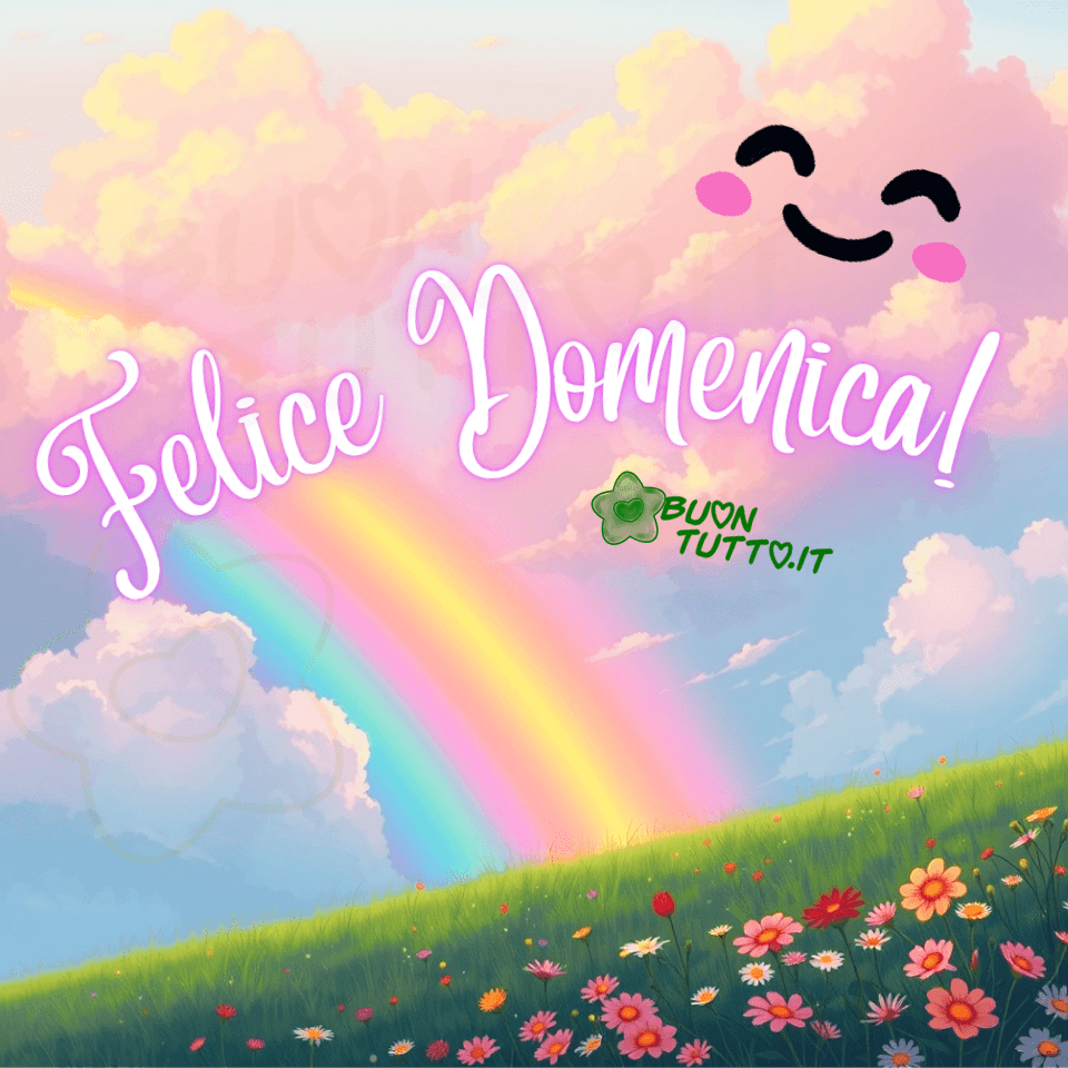 buona-felice-domenica-immagini-gratis-da-scaricare-condividere-arcobaleno-prato-fiorito-cielo-pastello-sorriso-serenita-gioia-domenicale-colorate-messaggi-positivi-buontutto Questa immagine rappresenta un paesaggio illustrato dai toni morbidi, luminosi e gioiosi, immerso in una palette di colori pastello che trasmette serenità immediata. Il cielo appare soffice, quasi vellutato, attraversato da nuvole leggere che sembrano pennellate di bianco e rosa. Un doppio arcobaleno si apre ad arco, brillante e delicato, come una promessa di pace e buon auspicio. Sulla collina verde, ricoperta da un prato fitto e morbido, sbocciano fiori semplici e colorati: margherite bianche, tulipani rosa e gialli, e piccoli fiori selvatici che aggiungono vivacità alla scena. Tutto è avvolto da un’atmosfera di quiete domenicale, sospesa e rasserenante. Nel cielo compare un volto stilizzato e sorridente, con occhi chiusi e guance rosate: un’espressione dolce, quasi materna, che sembra augurare un risveglio sereno. Nella parte centrale dell’immagine è presente la scritta, disposta in forma semi‑circolare, Felice Domenica!, realizzata in un elegante carattere corsivo con ghirigori retrò, di colore bianco luminoso con contorno rosa sfumato. Il risultato è un messaggio di buon auspicio, perfetto per iniziare la giornata con leggerezza e gratitudine. È un’immagine che trasmette serenità, pace, pensieri positivi e affetto: ideale per contenuti motivazionali, raccolte di immagini del buongiorno e messaggi da condividere la domenica mattina. Una nuova e bellissima immagine di Buona Domenica da scaricare gratis e condividere con amici, persone care, familiari, parenti e gruppi tramite WhatsApp, Facebook, X Twitter, Pinterest, Telegram, LinkedIn, Instagram e tutte le tue piattaforme social preferite. Autore: BuonTutto.it