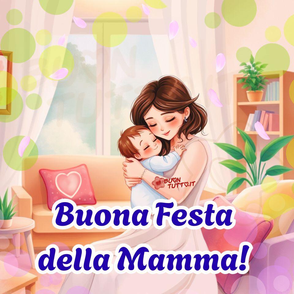 Disegno di un momento di profonda tenerezza, intimo e luminoso, tra una madre e il suo bambino, immersi in un salotto caldo, luminoso e accogliente. La madre abbraccia il piccolo con dolcezza, stringendolo al petto in un gesto che esprime protezione, tenerezza e amore incondizionato. Il suo volto è leggermente inclinato verso il bambino, come se custodisse un segreto fatto di affetto e dolcezza. Il bambino, sereno, rilassato e fiducioso, con la testa appoggiata alla madre, si lascia avvolgere da quell’abbraccio che sembra essere il suo rifugio naturale. La stanza è illuminata da una luce morbida che entra dalla finestra con tende bianche leggere, creando un’atmosfera domestica e rassicurante. Sul divano sono presenti cuscini con decorazioni a forma di cuore, che aggiungono un tocco affettuoso e simbolico. Sullo sfondo si vede una libreria con libri ordinati e alcune piante verdi, che donano vitalità e serenità all’ambiente. Ai lati dell’immagine è presente una cornice realizzata con un effetto bokeh di sfere semitrasparenti nei toni del verde, giallo e rosa; alcuni petali rosa fluttuano delicatamente sopra la madre e il bambino, creando un effetto armonioso e affettuoso. Nella parte bassa dell’immagine compare la scritta, in carattere corsivo bombato di colore azzurro con contorno bianco evidenziato: “Buona Festa della Mamma!”, un augurio chiaro, gioioso e immediato. Un’immagine che trasmette un profondo senso di pace familiare, un piccolo universo fatto di gesti semplici ma ricchi di significato, che celebra l’amore materno. Una raccolta di nuove e bellissime immagini di Buona Festa della Mamma da scaricare gratis e condividere con amici, familiari, parenti e gruppi tramite WhatsApp, Facebook, X Twitter, Pinterest, Telegram, LinkedIn, Instagram e tutte le tue piattaforme social preferite. Autore BuonTutto.it