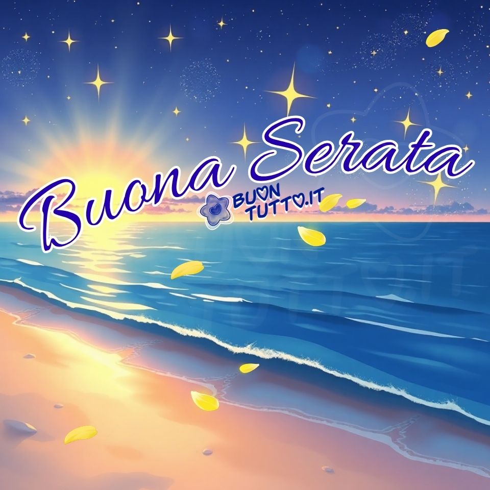 Disegno di uno splendido tramonto sul mare, con il sole che scende lentamente all’orizzonte creando riflessi dorati sull’acqua e una gradazione di colori che sfuma dall’arancio caldo al blu profondo della sera. Il cielo è arricchito da piccole stelle luminose ed effetti scintillanti che donano all’immagine un’atmosfera fiabesca e rilassante. In primo piano, sulla sabbia chiara, compaiono foglie dorate sollevate da una brezza leggera, che aggiungono movimento e delicatezza alla scena. Nella parte centrale dell’immagine, in una forma semi‑circolare azzurra con contorno bianco, è presente la scritta elegante e ben leggibile “Buona Serata”. L’immagine trasmette un forte senso di pace, serenità e bellezza naturale, ed è ideale per la condivisione gratuita sui social e nei saluti serali, perfetta per augurare una serata speciale, luminosa e ricca di armonia. Autore: BuonTutto.it