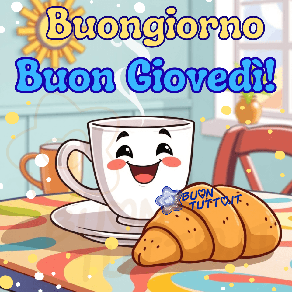 buongiorno-buon-giovedi-immagini-gratis-scaricare-condividere-tazza-caffe-sorridente-cornetto-colazione-bellissima-simpatica-cartoon-disegno-buontutto Disegno in stile illustrato, caratterizzato da colori vivaci e da un’atmosfera luminosa, che rappresenta una scena di colazione dal tono caldo e accogliente. La luce del mattino filtra dolcemente da una finestra sullo sfondo, illuminando l’ambiente con una morbidezza che trasmette serenità. In primo piano, su un tavolo apparecchiato con una tovaglia colorata dalle tonalità calde, si trova una tazzina bianca di caffè. La tazza presenta un volto sorridente, con due occhi neri e una bocca curva verso l’alto. Dal bordo sale un filo di vapore leggero, che suggerisce il calore della bevanda e crea un immediato senso di comfort e familiarità, come se la tazzina salutasse chi osserva l’immagine. Accanto alla tazza, leggermente spostato verso destra, è posato un croissant dorato e fragrante. La superficie lucida e le sfumature richiamano la consistenza morbida e burrosa della pasta sfoglia, evocando il profumo delle mattine lente e serene. Il croissant aggiunge un tocco di dolcezza e semplicità, come se fosse appena uscito dal forno. Dietro il tavolo si intravede una sedia di legno chiaro con schienale semplice, insieme a un piccolo vaso bianco che contiene una piantina verde dai rami sottili. Questi dettagli contribuiscono a creare un ambiente domestico, intimo e rassicurante. La parete sullo sfondo è dipinta in un azzurro tenue, che amplifica la sensazione di freschezza mattutina. La finestra rettangolare lascia entrare una luce intensa e calda, illuminando ogni elemento della scena e creando un’atmosfera serena, quasi sospesa. Nella parte alta dell’immagine compare la scritta in carattere corsivo bombato: “Buongiorno”, in giallo con contorno azzurro, seguita da “Buon Giovedì!”, in celeste con contorno azzurro. Il testo emerge come un augurio gentile e positivo, perfetto per accompagnare un risveglio luminoso e per condividere un pensiero di luce con chi si ama o con chi si vuole far sorridere all’inizio della giornata. L’immagine trasmette accoglienza, allegria e un senso di buonumore, risultando ideale per augurare un buon risveglio e per essere condivisa online. Una raccolta di nuove e bellissime immagini di Buon Giovedì da scaricare gratis e condividere con amici, familiari, parenti e gruppi tramite WhatsApp, Facebook, Instagram, Pinterest, Telegram, LinkedIn, X Twitter e tutte le tue piattaforme social preferite. Autore BuonTutto.it