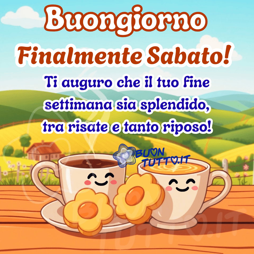 immagini-buon-sabato-buongiorno-da-scaricare-gratis-condividere-frase-positiva-fine-settimana-auguri-relax-felice-tazze-sorridenti-biscotti-fiore-paesaggio-bellissimo-cartoon-buontutto Un’illustrazione raffigura due tazze animate in ceramica bianca, posizionate in primo piano su un tavolo di legno. Entrambe presentano volti “kawaii” sorridenti, con occhi chiusi e guance rosate che trasmettono un’atmosfera dolce, felice e amichevole. La tazza di sinistra contiene caffè caldo da cui si alza un leggero filo di vapore; quella di destra ospita un cappuccino con una latte art delicata sulla superficie. Accanto alle tazze sono appoggiati due biscotti di frolla a forma di fiore, che completano la scena con un tocco di tenerezza. Le tazze si trovano all’aperto, davanti a un paesaggio sereno: colline verdi e gialle che sfumano verso montagne azzurre in lontananza. Sulla sinistra si intravede una piccola casa dal tetto rosso, tipica di un ambiente rurale. Il cielo è limpido, azzurro, punteggiato da soffici nuvole bianche. La luce calda e dorata richiama le prime ore del mattino, creando un’atmosfera accogliente, rilassante e positiva. Lo stile è cartoon, con linee pulite e colori saturi, perfetto per trasmettere serenità, amicizia, pace e buonumore. Nella parte alta dell’immagine compaiono tre scritte decorative: “Buongiorno” in carattere corsivo bombato, grande, bianco con contorno marrone; “Finalmente Sabato!” in corsivo bombato più piccolo, marrone‑rosso con contorno bianco; “Ti auguro che il tuo fine settimana sia splendido, tra risate e tanto riposo!” in azzurro con contorno bianco, leggermente più piccolo. Questa è una nuova e bellissima immagine di Buon Sabato, da scaricare gratuitamente e condividere con amici, familiari, persone care e gruppi tramite WhatsApp, Facebook, X Twitter, Pinterest, Telegram, LinkedIn, Instagram e tutte le tue piattaforme social preferite. Autore: BuonTutto.it