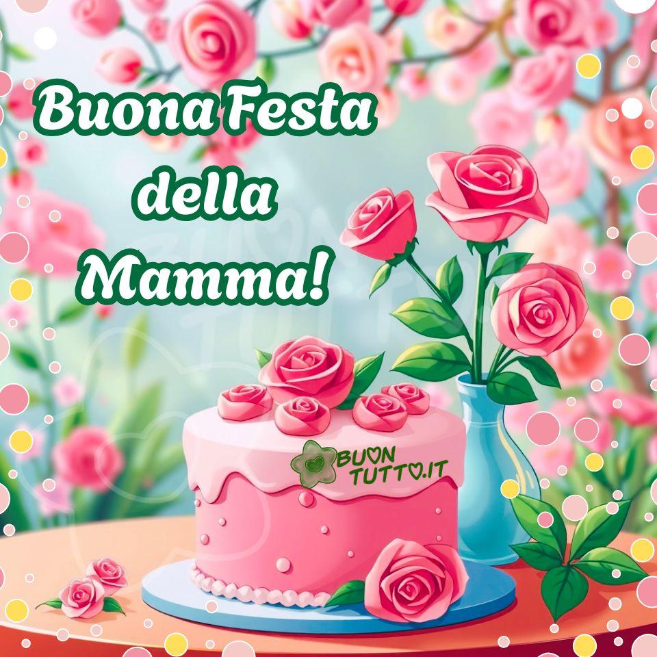 L’immagine rappresenta una composizione luminosa e festosa dedicata alla Festa della Mamma, immersa in toni rosa e pastello che evocano dolcezza, affetto e gratitudine. Al centro spicca una torta elegante decorata con morbide rose di crema color rosa cipria. I riccioli di crema formano petali sovrapposti, creando l’effetto di un bouquet compatto e raffinato, disposto con cura come fiori appena sbocciati. La superficie della torta è liscia, vellutata, quasi profumata, e trasmette l’idea di una celebrazione piena d’amore. Alla destra della torta si trova un vaso in ceramica azzurra, dalla forma semplice e tondeggiante, con una finitura lucida che riflette delicatamente la luce. Dal vaso emergono alcune rose rosa fresche, aperte e luminose. I petali sono morbidi, leggermente incurvati verso l’esterno, mentre le foglie verdi aggiungono un contrasto naturale e vivace. I fiori sembrano appena colti, ancora intrisi di quella fragranza che ricorda i giardini di maggio. Lo sfondo è un’esplosione morbida di luci e sfumature: rose sfocate, bagliori pastello e tonalità predominanti di rosa, bianco e pesca si fondono in un effetto avvolgente e delicato. L’atmosfera è affettuosa e calda, come un abbraccio, perfetta per celebrare la dolcezza e la forza delle mamme. Nella parte alta a sinistra dell’immagine compare la scritta, in carattere corsivo elegante e bombato, bianco con contorno rosa sfumato: “Buona Festa della Mamma!”. Un augurio semplice e luminoso che completa la scena come un sorriso. L’atmosfera complessiva è dolce, affettuosa e celebrativa. La combinazione di torta, fiori e colori pastello trasmette un senso di cura, amore e gratitudine, evocando la tenerezza delle dediche rivolte alle mamme. Questa è una raccolta di nuove e bellissime immagini di Buona Festa della Mamma, da scaricare gratis e condividere con amici, familiari, parenti e gruppi tramite WhatsApp, Facebook, X Twitter, Pinterest, Telegram, LinkedIn, Instagram e tutte le tue piattaforme social preferite. Autore BuonTutto.it