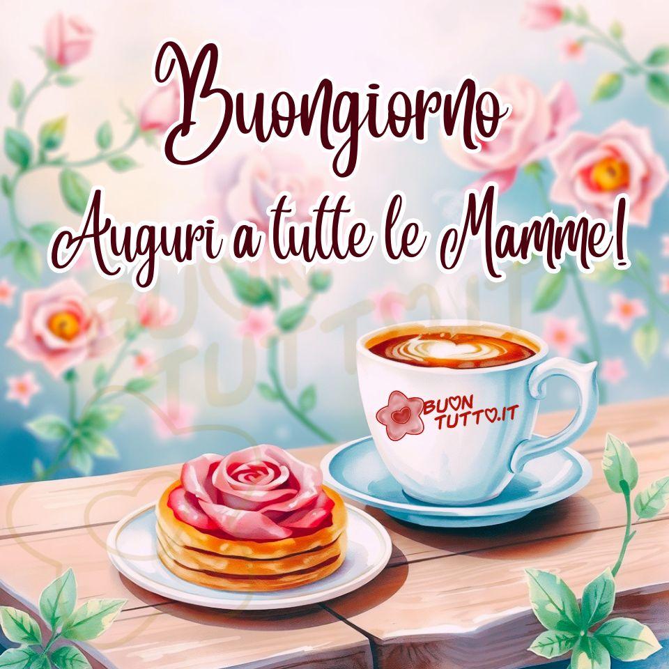 Disegno di una colazione affettuosa, ricca di dolcezza mattutina e immersa in toni pastello, avvolta da un’atmosfera luminosa e accogliente. In primo piano, su un tavolo chiaro, si trova una tazza di caffè caldo: la superficie della bevanda è liscia e cremosa, decorata con un disegno di latte a forma di cuore, ben definito, morbido e perfetto, come un piccolo gesto d’amore che galleggia sulla schiuma. La tazza è vista dall’alto, leggermente inclinata, così che il cuore risulti immediatamente riconoscibile, come un pensiero affettuoso che si posa sulla giornata. Accanto alla tazza, su un piattino elegante, è servito un pancake dorato, soffice e invitante, impreziosito da una decorazione che ricorda una rosa scolpita nella crema: un dettaglio delicato e simbolico, che richiama la bellezza, la cura e la dolcezza materna. La rosa è di un colore tenue, un rosa perla chiaro con leggere sfumature bianche, e aggiunge un tocco romantico e raffinato. Lo sfondo è un tripudio di rose rosa e bianche, fiorite e luminose, accompagnate da foglie verdi che donano freschezza e armonia. Le sfumature pastello creano un’aura di serenità, come se la luce del mattino accarezzasse ogni elemento con gentilezza. Nella parte alta dell’immagine compare un messaggio semplice e affettuoso, scritto in un carattere corsivo elegante e ben leggibile, di colore marrone con contorno bianco: “Buongiorno Auguri a tutte le Mamme!” Le parole, disposte su due righe, hanno un tono caloroso e celebrativo; sembrano sospese nell’aria, leggere come un pensiero di gratitudine. L’immagine trasmette calore, tenerezza, cura, serenità e un senso di festa, come un piccolo pensiero mattutino trasformato in un gesto simbolico di affetto dedicato a tutte le mamme. Una raccolta di nuove e bellissime immagini di Buona Festa della Mamma da scaricare gratis e condividere con amici, familiari, parenti e gruppi tramite WhatsApp, Facebook, X Twitter, Pinterest, Telegram, LinkedIn, Instagram e tutte le tue piattaforme social preferite. Autore BuonTutto.it 