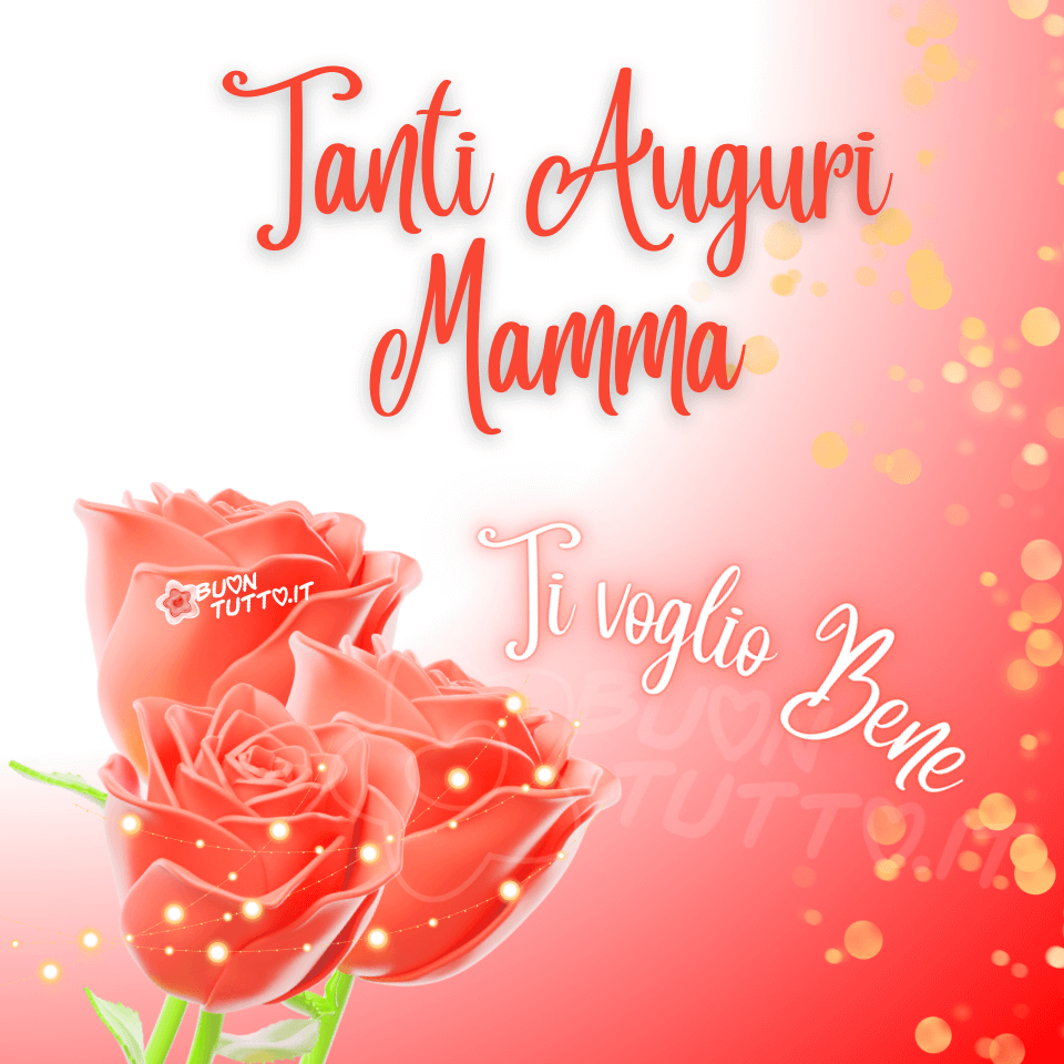 L’immagine è un’illustrazione digitale dal forte impatto emotivo, dedicata alla mamma. È costruita su un fondale sfumato che passa dal rosso intenso al bianco luminoso, creando un effetto morbido e vellutato che ricorda la luce calda di una candela e il bagliore di un tramonto. Lo sfondo presenta un gradiente delicato: il rosso domina i bordi e si dissolve gradualmente verso un bianco brillante al centro. La transizione cromatica è fluida, senza stacchi netti, e i colori si mescolano con armonia, evocando la sensazione di una luce che filtra attraverso un tessuto sottile. L’atmosfera complessiva è calda, avvolgente e leggermente brillante. In primo piano emergono tre rose rosse, grandi, carnose e perfettamente aperte. I petali hanno una texture realistica, simile al velluto, con bordi leggermente arricciati e ombre morbide che ne evidenziano la profondità. Ogni rosa è circondata da piccoli punti luce dorati, simili a scintille o riflessi di una luce soffusa, che donano all’immagine un’atmosfera romantica, affettuosa e amorevole. La composizione floreale è equilibrata: La prima rosa, grande e completamente aperta, si trova in basso a sinistra. Le ombre tra i petali creano un forte senso di tridimensionalità. La seconda rosa, in alto a destra, è leggermente inclinata, come se fosse colta in un movimento naturale. I petali riflettono una luce calda proveniente dall’esterno. La terza rosa, più piccola, è posizionata vicino al centro, leggermente spostata verso destra, fungendo da punto di equilibrio visivo tra le altre due. Nella parte alta dell’immagine è presente un messaggio scritto in un carattere corsivo elegante, morbido e leggermente arrotondato: “Tanti Auguri Mamma” in rosso luminoso, con un leggero bagliore che lo fa risaltare sullo sfondo. Nella parte centrale destra, accanto alle rose, compare un secondo messaggio disposto in forma semi‑circolare, di colore bianco con contorno rosso sfumato: “Ti voglio Bene”, espresso con un tono affettuoso, diretto e sincero. Il testo sembra sospeso nella luce, perfettamente integrato nell’atmosfera dell’immagine. L’immagine trasmette calore, affetto sincero, dolcezza, un senso di celebrazione intima e speciale. È ideale per un augurio dedicato alla mamma: perfetta per la Festa della Mamma, un compleanno, o qualsiasi momento in cui si desidera esprimere amore, gratitudine e tenerezza. La combinazione di rosso, luce e rose crea un’emozione immediata e intensa. Una raccolta di nuove e bellissime immagini di Buona Festa della Mamma da scaricare gratis e condividere con amici, familiari, parenti e gruppi tramite WhatsApp, Facebook, X Twitter, Pinterest, Telegram, LinkedIn, Instagram e tutte le tue piattaforme social preferite. Autore: BuonTutto.it