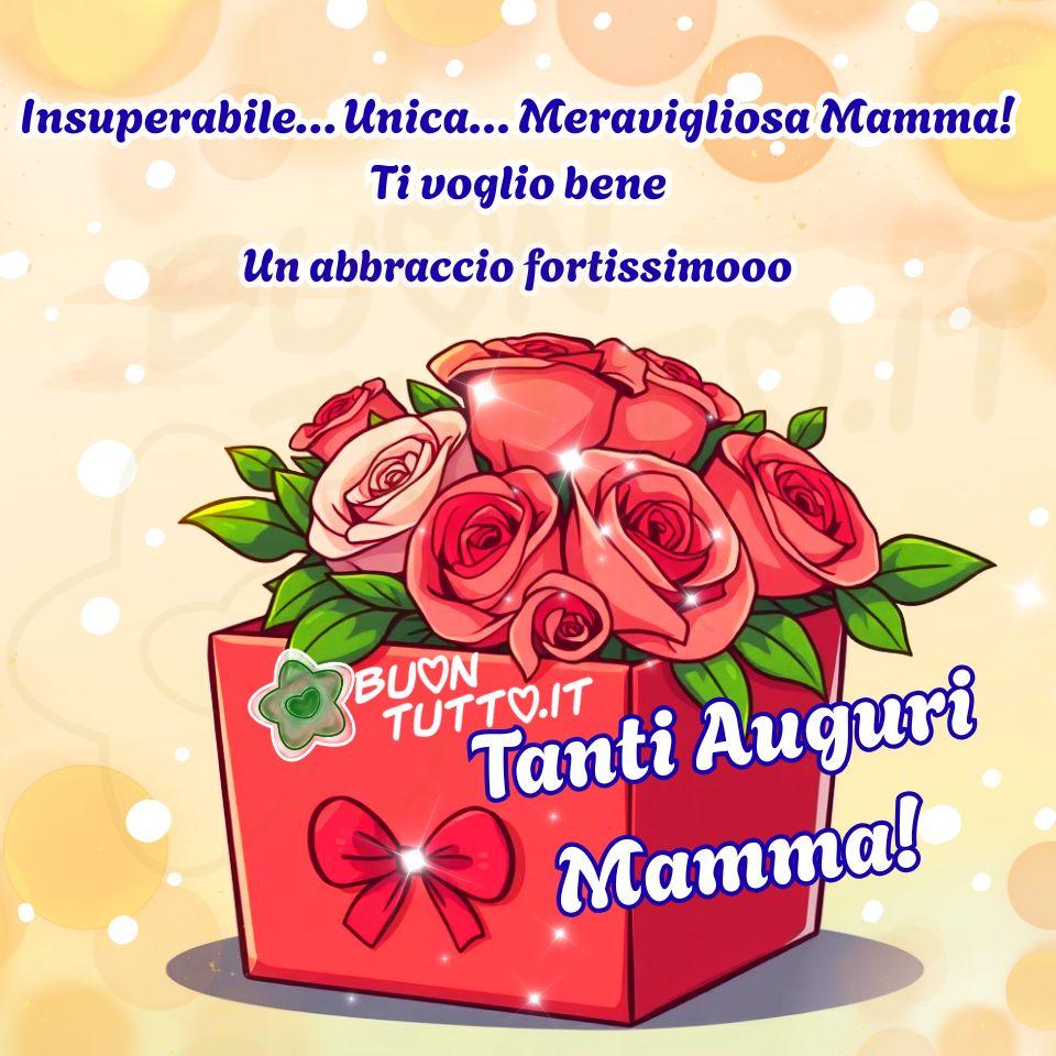 Disegno di una scatola regalo rosso intenso, dalla forma rettangolare, decorata sul fronte da un grande fiocco rosso lucido. Il nastro presenta pieghe morbide che riflettono la luce, creando l’effetto elegante e brillante tipico del raso. La scatola appare luminosa e curata nei dettagli, con un fiocco tono su tono che cattura e diffonde la luce circostante. Dalla parte superiore trabocca un bouquet di rose rosa e rosse, fresche e vellutate, accompagnate da foglie verdi che aggiungono un tocco di vitalità naturale. I petali, morbidi e delicati, sembrano quasi muoversi nell’aria, come se offrissero un abbraccio floreale pieno di dolcezza. Lo sfondo è chiaro e sfumato, dominato da toni crema e beige molto delicati, arricchito da cerchi di luce morbidi che ricordano un effetto bokeh festoso: piccoli punti luminosi sovrapposti che creano un’atmosfera calda, affettuosa e colma di gratitudine. Nella parte alta dell’immagine è presente un testo in carattere corsivo elegante, di colore blu intenso con contorno bianco, che recita: “Insuperabile… Unica… Meravigliosa Mamma! Ti voglio bene  Un abbraccio fortissimooo” Nella parte bassa destra, leggermente inclinata, compare un secondo messaggio scritto con un corsivo bombato, morbido, di colore bianco con contorno azzurro, più grande e ben visibile: “Tanti Auguri Mamma!” Le parole, luminose e armoniose, sembrano danzare tra i fiori, trasformando l’immagine in un piccolo scrigno di emozioni: un tributo semplice ma profondamente sentito all’amore materno. L’insieme trasmette dolcezza, festa, cura, attenzione, amore e gratitudine, come un dono visivo dedicato alla mamma in un giorno speciale. Questa immagine fa parte di una raccolta di nuove e bellissime immagini per la Buona Festa della Mamma, da scaricare gratis e condividere con amici, familiari, parenti e gruppi tramite WhatsApp, Facebook, Instagram, Pinterest, X Twitter, Telegram, LinkedIn e tutte le tue piattaforme social preferite. Autore: BuonTutto.it