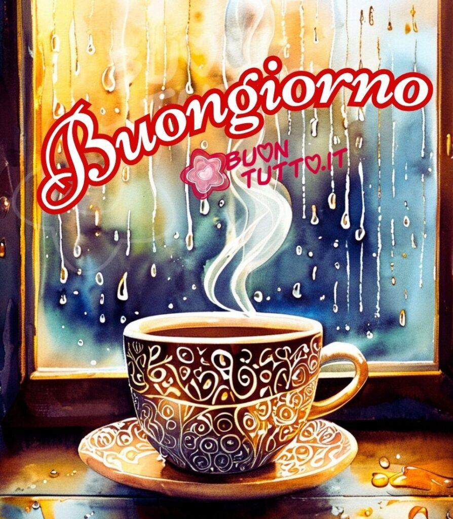 immagini-buongiorno-con-la-pioggia-tazza-caffe-te-finestra-elegante-bellissima-scaricare-gratis-buontutto L'immagine è una suggestiva illustrazione, accogliente e confortevole in una giornata di pioggia. Al centro si trova una tazza di caffè fumante appoggiata su un piattino abbinato. La tazza e il piattino sono riccamente decorati con delicato, ed elegante motivo a ghirigori nei toni del marrone e dell'oro, creando un effetto lussuoso e artigianale. Il vapore che sale dalla bevanda calda è ben visibile, quasi etereo, aggiungendo un senso di calore immediato. Lo sfondo è dominato da una finestra da cui si intravede l'esterno sotto la pioggia. Le gocce d'acqua scendono sulla superficie del vetro, creando striature e riflessi. La luce esterna è calda e dorata sul lato sinistro, e blu scuro e profondo sul lato destro. Nella parte alta dell'immagine c'è scritto in forma semi-circolare in un carattere corsivo elegante bombato di colore bianco e contorno rosso: Buongiorno. L'intera immagine trasmette una sensazione di tranquillità, accoglienza, serenità, affetto, calma, pace e conforto da scaricare gratis e condividere con amici, cari, familiari, parenti gruppi tramite WhatsApp, Facebook, X Twitter, Pinterest, Telegram, LinkedIn, Instagram e le tue piattaforme social preferite. Autore BuonTutto.it