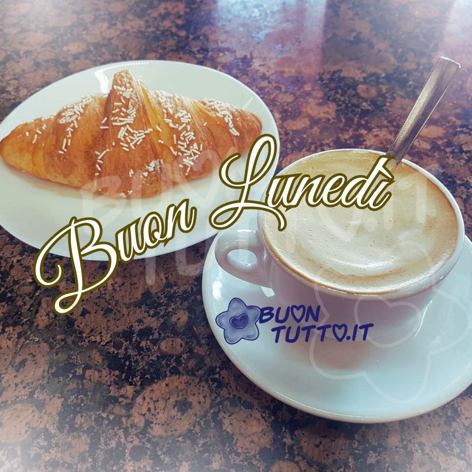 immagini-di-buon-lunedi-buongiorno-colazione-cappuccino-cornetto-bellissima-dolce-buonumore-scaricare-gratis-buontutto Foto di un buonissimo cappuccino cremoso in tazza bianca con un cucchiaino all'interno del cappuccino di colore argento e un cornetto decorato con zuccherini bianchi servito su un piattino di ceramica bianca, poggiati su un tavolo di granito di colore marrone con venature nere. Nella parte alta dell'immagine c'è scritto in forma semi-circolare in un carattere corsivo elegante retrò di colore bianco e contorno dorato Buon lunedì. Un'immagine molto elegante e bellissima che trasmette dolcezza, buonumore, golosità, voglia di stare insieme e bellezza. Una raccolta di nuove bellissime immagini di buon lunedì da scaricare gratis e condividere con amici, cari, familiari, parenti gruppi tramite WhatsApp, Facebook, X Twitter, Pinterest, Telegram, LinkedIn, Instagram e le tue piattaforme social preferite. Autore buontutto.it