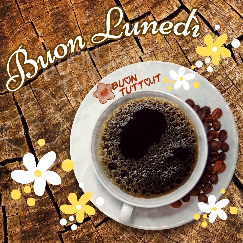 immagini-di-buon-lunedi-tazzina-caffe-chiccchi-fiori-disegnati-elegante-bellissima-scaricare-gratis-buontutto L'immagine mostra una tazza di caffè nero su un piattino bianco, con chicchi di caffè sparsi attorno. La tazza e il piattino sono posizionati su una superficie di legno con venature. Intorno alla tazza ci sono dei fiorellini stilizzati e pois di colore bianco e giallo. Nella parte alta dell'immagine c'è scritto in forma semi-circolare in un carattere corsivo elegante di colore bianco e contorno marrone Buon lunedì. Un'immagine di buon lunedì positiva che trasmette allegria e l'energia necessaria per affrontare la nuova settimana al pieno delle forze da scaricare gratis e condividere con amici parenti gruppi tramite WhatsApp, Facebook, X Twitter, Pinterest, Telegram, LinkedIn, Instagram e le tue piattaforme social preferite. Autore buontutto.it