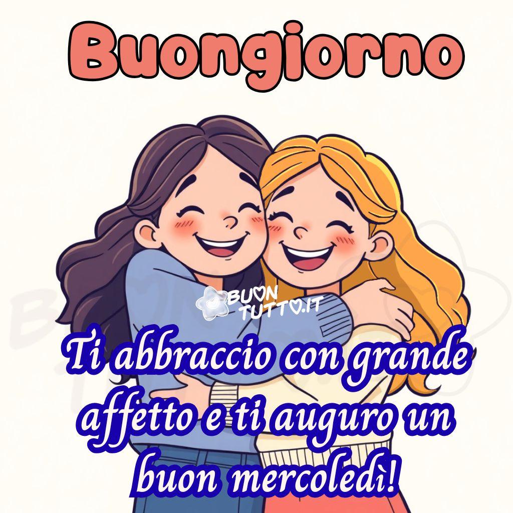 Disegno di due giovani ragazze ritratte in primo piano, colte nel momento esatto in cui si stringono in un abbraccio affettuoso. L’illustrazione ha uno stile pulito, dai contorni netti e dai colori pieni, e l’assenza totale di elementi nello sfondo uniforme, chiaro e privo di texture, concentra l’attenzione esclusivamente sulle due ragazze e sul loro gesto: l’abbraccio. La ragazza posizionata a sinistra ha capelli lunghi castano scuro, lisci e sciolti, che ricadono sulle spalle in modo naturale. Indossa un maglione blu a maniche lunghe, dal tessuto compatto e uniforme, e un paio di jeans dal taglio semplice. Le sue braccia avvolgono l’altra ragazza con un gesto completo e saldo: le mani sono appoggiate sulla parte alta della schiena dell’amica, con le dita leggermente aperte, come a sottolineare la spontaneità dell’abbraccio. Il volto è inclinato leggermente verso destra; gli occhi sono chiusi e il sorriso è ampio, rilassato, con le guance leggermente sollevate. La ragazza a destra ha capelli lunghi biondi, anch’essi sciolti, che scendono morbidi lungo la schiena con una leggera ondulazione naturale. Indossa un maglione color crema, morbido e leggermente più chiaro rispetto alla tonalità della pelle, e una gonna rossa che aggiunge un contrasto cromatico evidente nella parte inferiore dell’immagine. Anche lei ha gli occhi chiusi e un sorriso spontaneo, con un’espressione serena e accogliente. Le sue braccia circondano l’altra ragazza all’altezza della vita, con una presa stabile ma delicata. La postura complessiva delle due ragazze è equilibrata e naturale: i corpi sono vicini, le spalle leggermente sollevate per l’abbraccio, e l’inclinazione dei volti suggerisce un momento di sincera vicinanza emotiva. L’illustrazione trasmette un senso di calore e familiarità attraverso la semplicità delle linee e la chiarezza delle espressioni. Nella parte alta dell’immagine è presente la scritta Buongiorno, realizzata con un carattere corsivo bombato, di colore pesca con un contorno marrone che ne definisce i bordi e la rende ben leggibile sullo sfondo chiaro. Nella parte bassa compare invece la frase Ti abbraccio con grande affetto e ti auguro un buon mercoledì! scritta con un carattere corsivo elegante, più sottile ma marcato, di colore bianco con un contorno azzurro che ne aumenta la visibilità. L’immagine, nel suo insieme, comunica affetto, serenità, gioia e un forte senso di vicinanza emotiva. È pensata per essere scaricata gratuitamente e condivisa con amici, persone care, familiari, parenti o gruppi tramite WhatsApp, Facebook, X Twitter, Pinterest, Telegram, LinkedIn, Instagram e altre piattaforme social. Autore BuonTutto.it