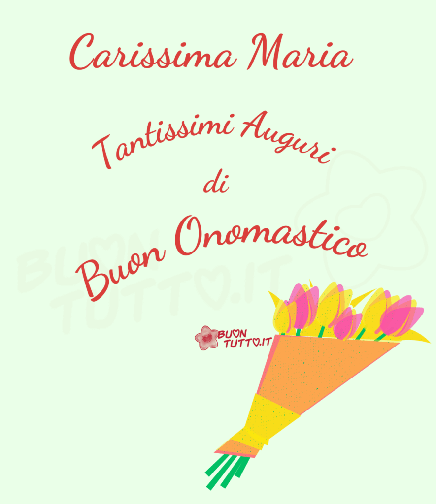 Disegno su uno sfondo verde acqua chiaro di un meraviglioso e stupendo bouquet di tulipani gialli e fucsia confezionati in una bellissima carta arancione e gialla nella parte alta dell’immagine c e scritto in un carattere corsivo elegante carissima Maria di colore bordeaux e poi in forma semicircolare tantissimi auguri di buon onomastico dello stesso carattere e colore una raccolta di nuove bellissime immagini di buon onomastico da scaricare gratis e condividere  con amici, cari, familiari, parenti gruppi tramite WhatsApp, Facebook, X Twitter, Pinterest, Telegram, LinkedIn, Instagram e le tue piattaforme social preferite. Autore BuonTutto.it
