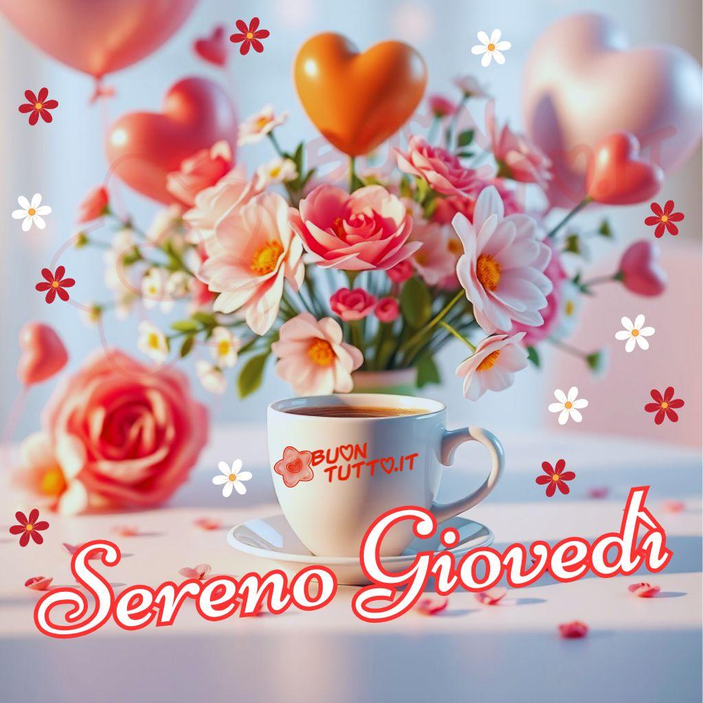 immagini-di-buon-sereno-giovedi-caffe-vaso-fiori-petali-cuori-bellissima-scaricare-gratis-buontutto Foto che ritrae, una tazza di ceramica bianca di caffè con un piattino, posta su un tavolo. Intorno, petali di fiori sparsi. Dietro la tazza, si trova un grande vaso pieno di un bellissimo bouquet di rose e margherite di colori rosa, bianco e crema e palloncini a forma di cuore di colore rosa e arancione-marrone chiaro. Inseriti nell’immagine ci sono piccoli fiori stilizzati che fluttuano nell'aria aggiungendo un tocco di leggerezza. L'illuminazione è soffusa e calda, creando un'atmosfera serena e sognante. Nella parte bassa dell'immagine c'è scritto in posizione diagonale in un carattere corsivo elegante arrotondato di colore bianco e contorno rosso Sereno Giovedì. Un'immagine che trasmette quiete, tranquillità, pace, serenità e un pizzico di romanticismo. Una raccolta di nuove bellissime immagini di buon giovedì da scaricare gratis e condividere con amici, cari, familiari, parenti gruppi tramite WhatsApp, Facebook, X Twitter, Pinterest, Telegram, LinkedIn, Instagram e le tue piattaforme social preferite. Autore BuonTutto.it
