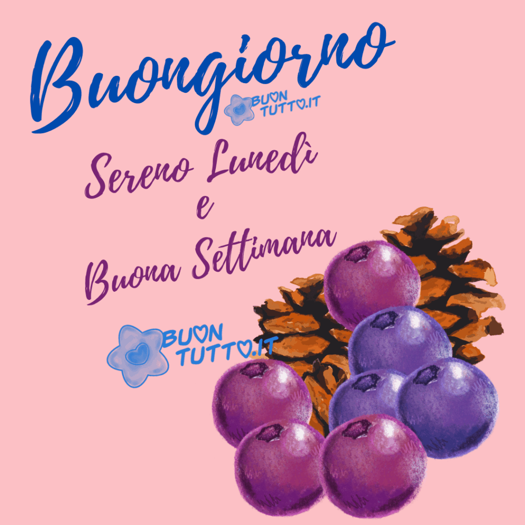 Immagine di un bellissimo disegno dai colori vivaci, con uno sfondo rosa brillante che mette in risalto dei mirtilli luminosi e una magnifica pigna illustrata con cura. Sopra l’immagine, in elegante carattere corsivo, compare la scritta “Buongiorno” in colore blu, seguita da “Sereno lunedì” e “Buona settimana” in un delicato viola. Un’immagine che trasmette serenità, calma e pace, perfetta per iniziare la giornata con dolcezza. Una raccolta di nuove e splendide immagini di buon lunedì, da scaricare gratuitamente e condividere con amici, parenti e gruppi su WhatsApp, Facebook, X Twitter, Pinterest, Telegram e Instagram.
Autore: BuonTutto.it