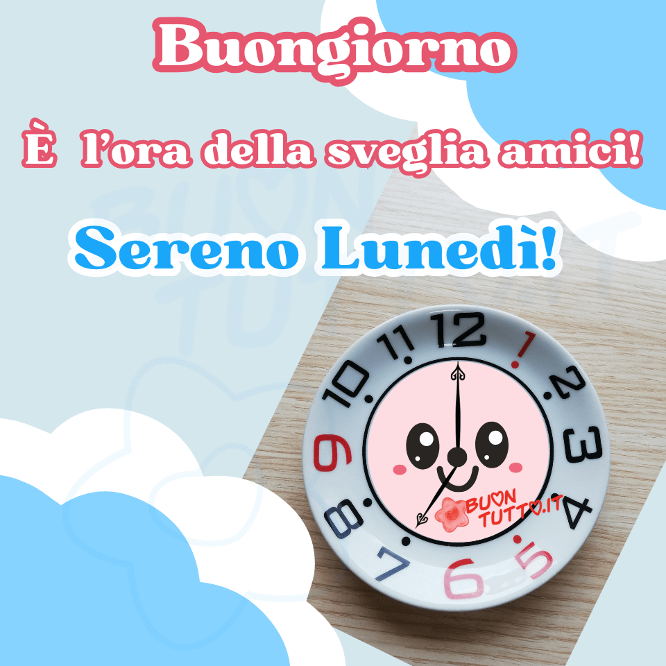immagini-di-buon-sereno-lunedi-buongiorno-divertente-sveglia-piattino-faccina-sorridente-scaricare-gratis-buontutto Foto di un piatto piano di ceramica bianca decorato con i numeri delle 12 ore della giornata, le ore 1, 5, 6 e 9 sono di colore rosso, i rimanenti numeri di colore nero. Il centro del piattino è colorato di un rosa tenue e sopra c'è disegnata una simpatica faccina con delle lancette posizionate sulle ore sette. Il piattino che funge da sveglia è poggiato su un tavolo di legno di colore cremino con venature marroni, inseriti in una cornice celeste e con nuvolette all'angolo alto destro e all'angolo basso sinistro di colore azzurro e bianco. Nella parte alta dell'immagine c'è scritto in un carattere corsivo arrotondato di colore bianco e contorno rosso Buongiorno È l'ora della sveglia amici! dello stesso carattere e di colore azzurro e contorno bianco Sereno lunedì Un'immagine simpatica e tenera che trasmette leggerezza, pace, tranquillità, forza d'animo e serenità. Una raccolta di nuove bellissime immagini di buon lunedì da scaricare gratis e condividere con amici, cari, familiari, parenti gruppi tramite WhatsApp, Facebook, X Twitter, Pinterest, Telegram, LinkedIn, Instagram e le tue piattaforme social preferite autore buontutto.it