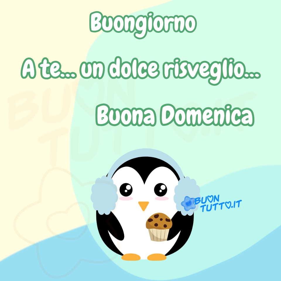 Una stupenda illustrazione raffigura un grazioso pinguino con paraorecchie celeste chiaro. Nella pinna destra tiene un delizioso muffin con gocce di cioccolato, pronto a donarlo con tutto il suo affetto ai suoi amici. Lo sfondo, in splendide sfumature verde acqua, celeste e beige chiaro, trasmette serenità e pace. In alto compare la scritta, in corsivo grassetto bianco con contorno verde: Buongiorno a te… un dolce risveglio… Buona Domenica. Un’immagine che irradia armonia, gioia e allegria da scaricare gratis e condividere con amici, cari, familiari, parenti gruppi tramite WhatsApp, Facebook, X Twitter, Pinterest, Telegram, LinkedIn, Instagram e le tue piattaforme social preferite. Autore BuonTutto.it 