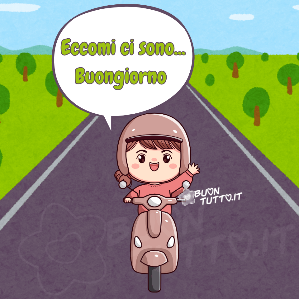 immagini-di-buongiorno-bellissima-ragazza-eccomi-scooter-motorino-strada-positiva-scaricare-gratis-buontutto Disegno di una ragazzina sopra la moto saluta con il braccio destro alzato i suoi amici. Lo sfondo è una strada con ai suoi lati delle bellissime distese di prati verdi e alberi. Nella parte alta dell'immagine c'è inserito un fumetto di colore bianco e contorno scritto grigio in cui c'è scritto di colore verde e contorno marrone Eccomi ci sono... Buongiorno. Un'immagine che trasmette gioia, serenità, voglia di stare insieme e affetto. Una raccolta di nuove bellissime Immagini di Buongiorno da scaricare gratis e condividere con amici parenti gruppi tramite WhatsApp, Facebook, X Twitter, Pinterest, Telegram, Instagram e le tue piattaforme social preferite autore buontutto.it
