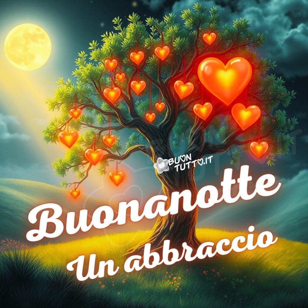 immagine-buonanotte-abbraccio-albero-maestoso-cuori-luminosi-incantevole-amore-notte-illuminata-luna-confortante-bellissima-scaricare-gratis-buontutto Un'illustrazione meravigliosa e incantevole che ritrae una luna piena e radiosa che illumina la notte. Un albero si erge maestoso, trasformato in un simbolo di puro amore. Le sue foglie verdeggianti fanno da sfondo a una costellazione di cuori luminosi, che pendono dai rami come frutti fiabeschi. Questi cuori, di un caldo arancione e rosso scintillante, emanano una luce soffusa che scalda il cuore e illumina il paesaggio circostante: dolci colline vestite di erba dorata. È una visione di speranza, romanticismo e poesia, che sussurra che l'amore è la luce più brillante anche nell'oscurità. Nella parte bassa dell'immagine in senso trasversale c'è scritto in un carattere corsivo elegante bombato di colore bianco luminoso e contorno arancione sfumato: Buonanotte Un abbraccio. È un'immagine che emana un'atmosfera di sicurezza, pace, accoglienza, affetto, amore, quiete, tranquillità e dolce attesa, un rifugio incantato dove ci si sente immediatamente a casa da scaricare gratis e condividere con amici, cari, familiari, parenti gruppi tramite WhatsApp, Facebook, X Twitter, Pinterest, Telegram, LinkedIn, Instagram e le tue piattaforme social preferite. Autore BuonTutto.it