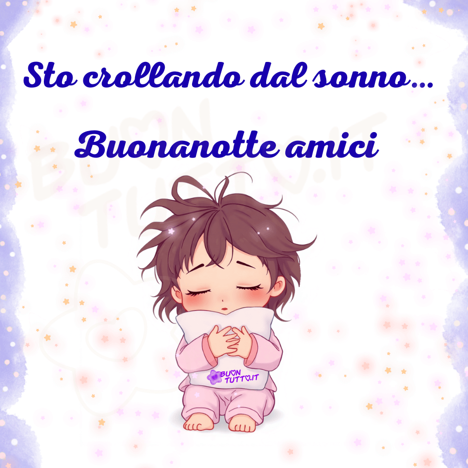 immagine-buonanotte-crollando-sonno-amici-dolcissima-bambiana-simpatica-affettuosa-bellissima-cartoon-scaricare-gratis-buontutto L'immagine è un'illustrazione in stile chibi o anime-manga che ritrae una bambina seduta al centro dell'inquadratura. Indossa un pigiama rosa chiaro. Ha capelli corti e mossi di colore castano scuro, che sembrano un po' arruffati, come se stesse per andare a dormire. Gli occhi sono chiusi, e ha un'espressione pacifica e stanca. Sta stringendo un piccolo cuscino bianco tra le mani, appoggiato al petto. Lo sfondo è di colore bianco con una leggera sfumatura che passa al lilla-viola sui bordi. È decorato con tante piccole stelle sparse, principalmente di colore rosa e giallo-oro, creando un'atmosfera sognante e notturna. Nella parte alta dell'immagine c'è scritto in un carattere corsivo elegante bombato di colore azzurro: Sto crollando dal sonno… Buonanotte amici! È un'immagine che trasmette pace, tenerezza, dolcezza, tranquillità, relax, calma, affetto, amore, serenità, comfort e quiete da scaricare gratis e condividere con amici, cari, familiari, parenti gruppi tramite WhatsApp, Facebook, X Twitter, Pinterest, Telegram, LinkedIn, Instagram e le tue piattaforme social preferite. Autore BuonTutto.it