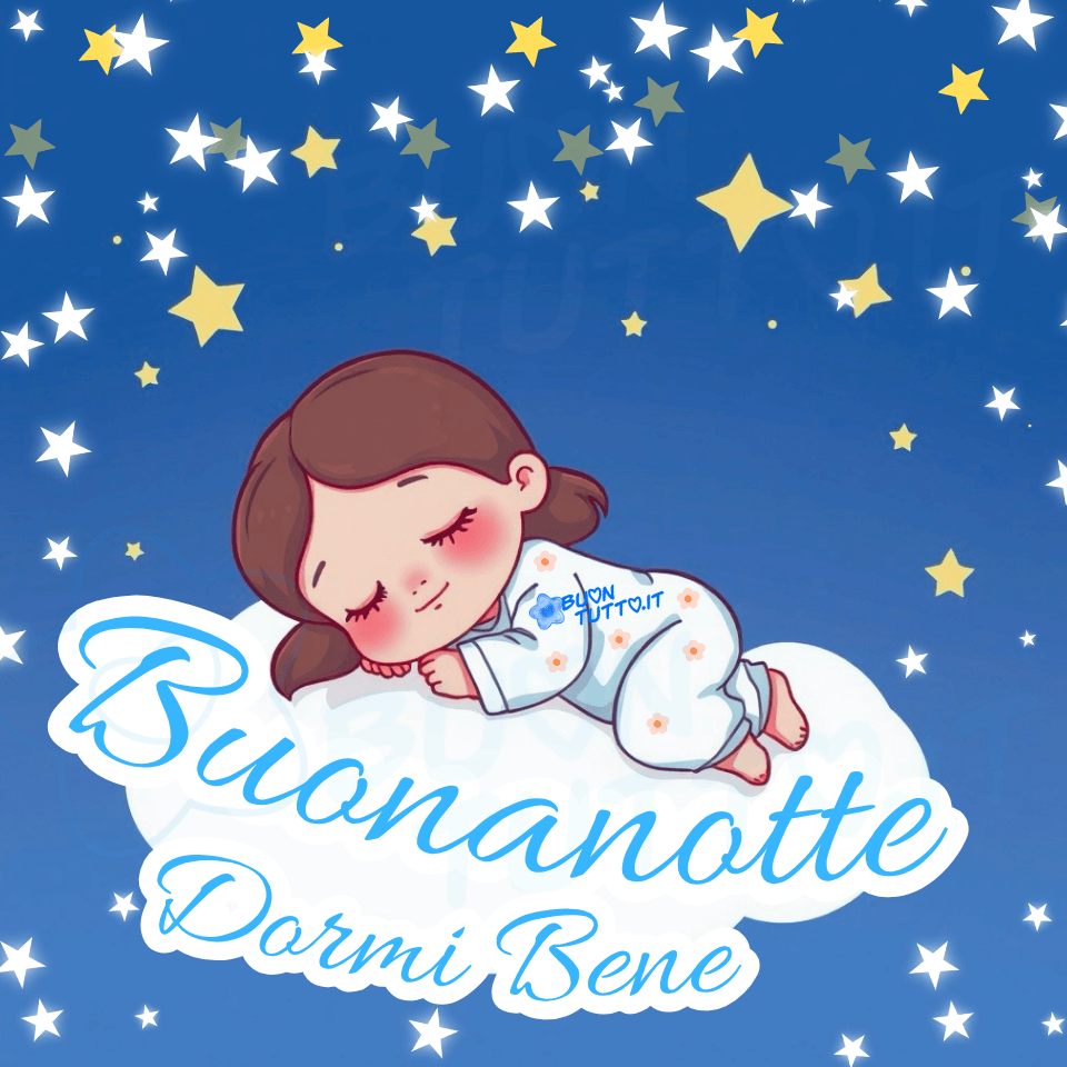 immagine-di-buonanotte-dormi-bene-frase-positiva-tenera-bambina-nuvoletta-cielo-stellato-bellissima-dolcissima-cartoon-scaricare-gratis-buontutto Un'illustrazione che ritrae una bambina adorabile che sta facendo un sonno tranquillo e sereno. È comodamente sdraiata su una soffice nuvola bianca, che sembra la culla più accogliente del mondo. Indossa un pigiamino chiaro e candido, con graziosi fiorellini rosa, perfetto per le nanne notturne. Il suo viso ha un'espressione di pace assoluta, con le guance leggermente rosse e un piccolo sorriso soddisfatto. È avvolta da un cielo notturno di un blu profondo, illuminato da una pioggia di stelle scintillanti, sia bianche che di un caldo giallo dorato, che la vegliano mentre dorme. Nella parte bassa dell'immagine sopra la nuvoletta c'è scritto in forma semi-circolare in un carattere corsivo elegante con ghirigori di colore celeste: Buonanotte Dormi Bene. È un'immagine che trasmette una sensazione di calma, serenità e pura dolcezza, come un piccolo angelo che sogna beato da scaricare gratis e condividere con amici, cari, familiari, parenti gruppi tramite WhatsApp, Facebook, X Twitter, Pinterest, Telegram, LinkedIn, Instagram e le tue piattaforme social preferite. Autore BuonTutto.it