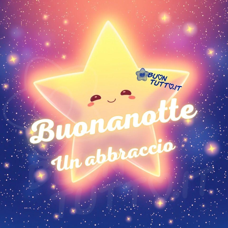 Disegno di una stellina sorridente, di colore giallo. Il suo volto rotondo è attraversato da una luce calda e soffusa, con guance delicatamente rosate, e un’espressione dolce e un sorriso sereno che trasmette gioia. Gli occhi, piccoli e neri e leggermente ovali brillano di curiosità e pace, come se osservassero il mondo con affetto silenzioso. La stellina emana un bagliore dorato che si diffonde in onde leggere, creando un alone che la separa dal cielo. Il suo corpo, stilizzato ma espressivo, conserva la forma classica a cinque punte, ma è reso morbido e accogliente da linee arrotondate e da una texture luminosa che suggerisce calore e vitalità. Intorno a lei, il cielo è un velluto cangiante: in alto, il blu profondo della notte si fonde con il viola e il rosa, mentre più in basso si intravedono bagliori aranciati, come se l’alba stesse sussurrando il suo arrivo creando un effetto di cielo da sogno. Intorno alla stellina si vedono molte piccole stelle bianche e luminose, distribuite in modo irregolare, alcune sono puntini sottili, altre hanno una forma più definita, alcune nitide e brillanti, altre appena accennate creando un’atmosfera fiabesca. Nella parte centrale dell'immagine c'è scritto in senso leggermente trasversale in un carattere corsivo elegante bombato di colore bianco luminoso e contorno arancione-fosforescente: Buonanotte Un abbraccio. Un'immagine che trasmette emozioni positive, gioia, tenerezza, stupore, calma, tenerezza e meraviglia da scaricare gratis e condividere con amici, cari, familiari, parenti gruppi tramite WhatsApp, Facebook, X Twitter, Pinterest, Telegram, LinkedIn, Instagram e le tue piattaforme social preferite. Autore BuonTutto.it 