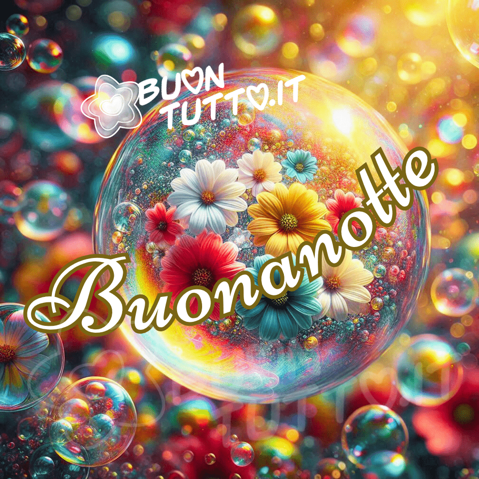 Illustrazione di una bolla trasparente e iridescente, simile a una sfera di cristallo, che contiene al suo interno un bouquet di fiori dai colori vivaci. I fiori sono disposti in modo sparso all'interno della bolla e includono tonalità di rosso, giallo, blu acqua, bianco e azzurro, tutti con petali ben definiti. La bolla stessa riflette e rifrange la luce, creando un effetto arcobaleno sulla sua superficie, con sfumature di rosa, giallo, verde e blu che si fondono. Al suo interno, oltre ai fiori, ci sono inserite delle piccole bollicine colorate che contribuiscono a creare un'atmosfera sognante. Lo sfondo è sfocato e anch'esso ricco di bolle iridescenti di varie dimensioni e colori brillanti, che richiamano i toni presenti nella bolla centrale. Nella parte centrale dell'immagine sulla bolla c'è scritto in forma semi-circolare in un carattere corsivo elegante di colore bianco e contorno dorato Buonanotte. Un'immagine che trasmette eleganza, bellezza, stupore, fantasia, pace, serenità e affetto. Una raccolta di nuove bellissime immagini di Buonanotte da scaricare gratis e condividere con amici, cari, familiari, parenti gruppi tramite WhatsApp, Facebook, X Twitter, Pinterest, Telegram, LinkedIn, Instagram e le tue piattaforme social preferite. Autore buontutto.it