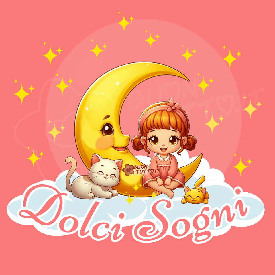 Illustrazione gioiosa e innocente su uno sfondo rosso-rosato di una grande luna crescente gialla con un volto sorridente, occhi dolci e guance rosate. Seduta sulla luna c'è una bambina dai capelli castano-rosso, raccolti con delle codine e un fiocco rosa sulla testa, la sua espressione è sorridente e affettuosa e grandi occhi esprimono una dolcezza infinita. Indossa una camicia da notte di colore rosa con un colletto bianco e passamaneria sul petto e sugli orli delle maniche e della gonna. Alla sinistra della bambina, appoggiato su soffici e bianche nuvole, c'è un gatto bianco che sorride, sereno e accoccolato. Alla sua destra, un gattino più piccolo di colore arancione, è sdraiato, anch'esso sorridente e sembra essere pronto a lanciarsi affettuosamente. Intorno ad essi ci sono disegnate numerose stelle gialle brillanti di diverse dimensioni. Nella parte bassa dell'immagine sopra le nuvole c'è scritto in forma semi-circolare in un carattere corsivo elegante di colore rosa e contorno bianco Dolci Sogni.  Un'immagine bellissima e sognante che trasmette affetto, attenzione, dolcezza, serenità e gioia nello stare insieme. Una raccolta di nuove bellissime immagini di Buonanotte da scaricare gratis e condividere con amici, cari, familiari, parenti gruppi tramite WhatsApp, Facebook, X Twitter, Pinterest, Telegram, LinkedIn, Instagram e le tue piattaforme social preferite. Autore buontutto.it