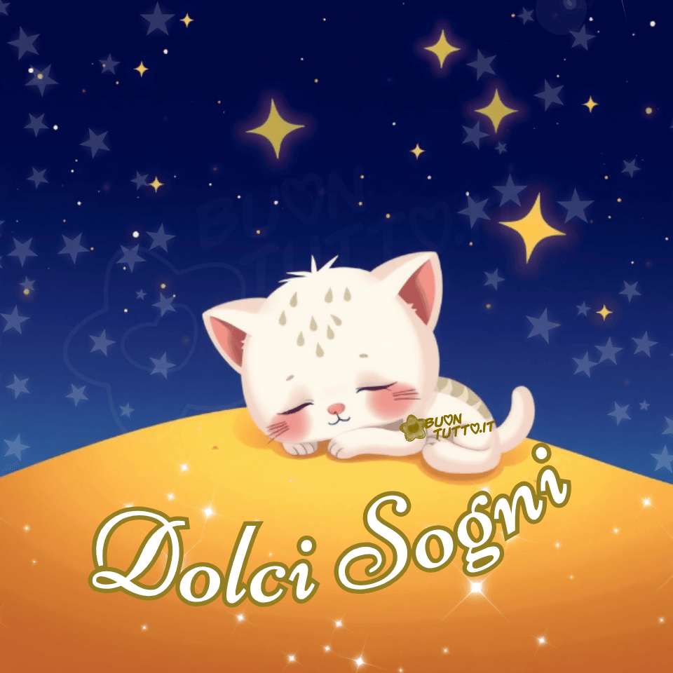 Disegno di un gattino bianco stilizzato e carino che dorme pacificamente su una collinetta di sabbia dorata. Il gattino ha le palpebre chiuse, simpatiche guanciotte rosa e alcune piccole macchie marroni sulla testa e sul dorso delle strisce marroni chiaro e marrone scuro. Lo sfondo è un cielo notturno blu scuro costellato di stelle di varie dimensioni e colori. Ci sono stelle gialle più grandi che spiccano, e stelle più piccole, alcune blu e altre che sembrano brillare leggermente. Nella parte bassa dell'immagine c'è scritto in forma semi-circolare in un carattere corsivo elegante di colore bianco e contorno dorato Dolci Sogni. L'atmosfera dell'immagine è serena e sognante ed esprime tenerezza, dolcezza e pace. Una raccolta di nuove bellissime immagini di Buonanotte da scaricare gratis e condividere con amici, cari, familiari, parenti gruppi tramite WhatsApp, Facebook, X Twitter, Pinterest, Telegram, LinkedIn, Instagram e le tue piattaforme social preferite. Autore buontutto.it