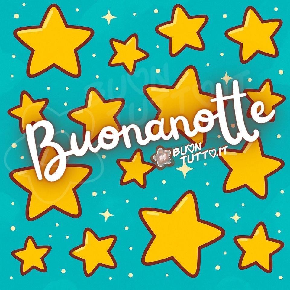 Disegno su uno sfondo di colore cobalto turchese di molte stelle grandi e di medie dimensioni sparse su tutta la superficie. Queste stelle sono di un giallo brillante e caldo. Ognuna di esse ha un contorno sottile ma distinto di colore marrone rossastro, che le fa risaltare nettamente rispetto allo sfondo blu. Le stelle variano leggermente in dimensione e orientamento, creando una composizione dinamica ma equilibrata. Tra le stelle gialle più grandi, ci sono anche molti punti scintillanti che aggiungono un senso di profondità all'immagine. Nella parte centrale dell'immagine in posizione obliqua c'è scritto in un carattere corsivo arrotondato con ghirigori di colore bianco Buonanotte. Un'immagine della buonanotte che esprime serenità, leggerezza, armonia, relax e un senso di benessere da scaricare gratis e condividere con amici, cari, familiari, parenti gruppi tramite WhatsApp, Facebook, X Twitter, Pinterest, Telegram, LinkedIn, Instagram e le tue piattaforme social preferite. Autore buontutto.it