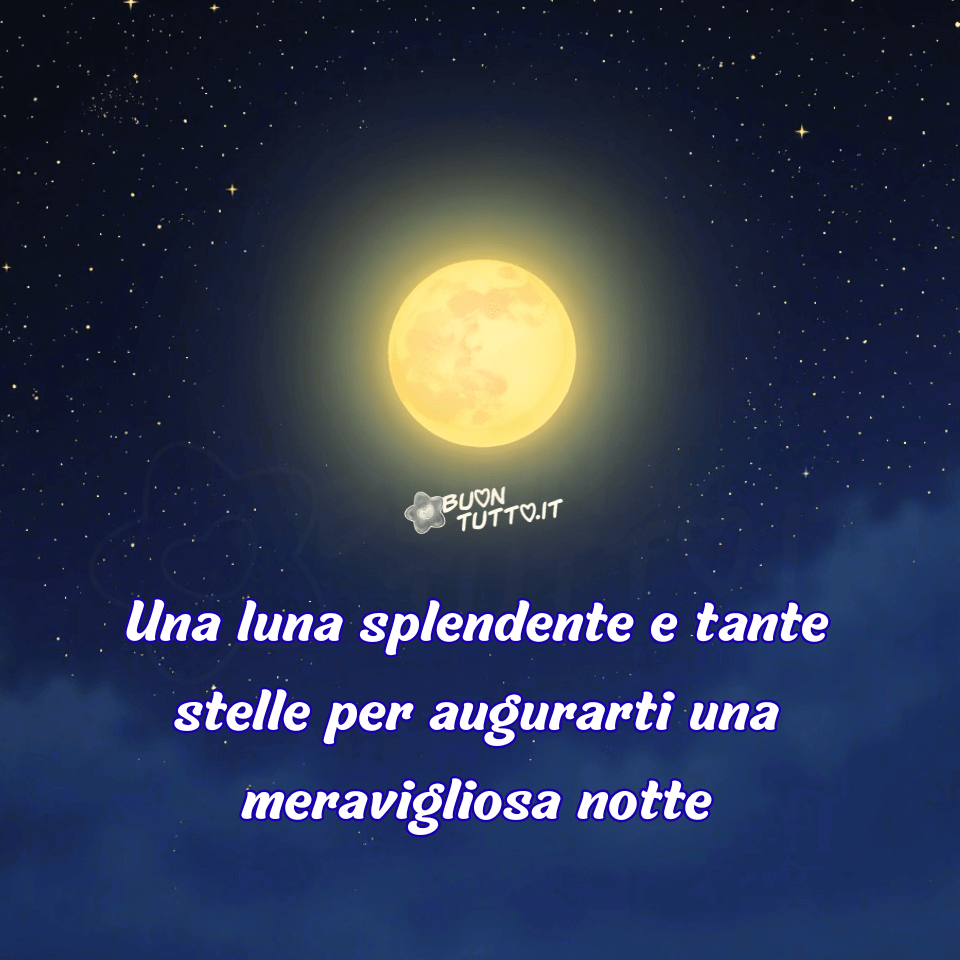 immagini-di-buonanotte-meravigliosa-frase-positiva-affettuosa-confortante-luna-piena-splendente-cielo-stellato-sereno-bellissima-scaricare-gratis-buontutto Questa immagine ritrae un bellissimo cielo notturno ricco di contrasti e colori che lo rendono splendidamente suggestivo. È dominato da un blu profondo e regale, che sfuma dal cobalto al blu oltremare, offrendo uno sfondo perfetto all'immensità celeste. Al centro, una luna, perfetta, luminosa e brillante cattura subito lo sguardo. Irradia un calore etereo che avvolge lo spazio circostante in un bagliore delicato e vellutato. Il resto del cielo è un tappeto sontuoso di stelle, minuscoli punti di scintillante meraviglia che danzano nell'oscurità. Alcune sono talmente luminose che creano un'atmosfera fiabesca. Nella parte inferiore, nuvole morbide e fluttuanti si raccolgono in un blu ancora più intenso, quasi a formare un mare notturno che riflette la luce lunare, conferendo profondità e un senso di mistero sereno. Nella parte bassa dell'immagine c'è scritto in un carattere corsivo elegante bombato di colore bianco e contorno blu: Una luna splendente e tante stelle per augurarti una meravigliosa notte. È una rappresentazione di una notte ideale, dove la potenza della luce si fonde in armonia con la quiete maestosa dell'universo, trasmettendo pace, serenità, tranquillità e quiete. Una raccolta di nuove bellissime immagini di Buonanotte da scaricare gratis e condividere con amici, cari, familiari, parenti gruppi tramite WhatsApp, Facebook, X Twitter, Pinterest, Telegram, LinkedIn, Instagram e le tue piattaforme social preferite. Autore BuonTutto.it