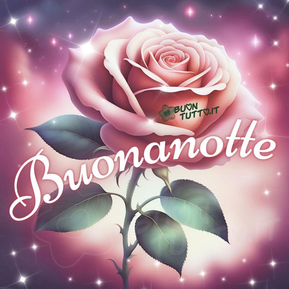 immagini-di-buonanotte-meravigliosa-rosa-fiabesca-natura-luci-suggestiva-bellissima-scaricare-gratis-buontutto Un'illustrazione che raffigura una grande rosa con petali di un delicato colore rosa antico in piena fioritura, vividamente illuminata in un'atmosfera sognante. La rosa è sostenuta da uno stelo robusto, con diverse spine visibili. Ci sono diverse foglie di un verde scuro con sfumature verde scuro, anch'esse con riflessi luminosi. Lo sfondo è un misto di tonalità viola intenso e rosa fucsia, con un effetto sfocato (bokeh). Ci sono numerosi piccoli punti luminosi o "stelle" scintillanti (punti luci) che aggiungono un tocco etereo e fiabesco all'intera composizione. Nella parte centrale dell'immagine c'è scritto in forma semi-circolare in un carattere corsivo elegante di colore bianco luminoso e contorno rosa sfumato: Buonanotte. È una suggestiva immagine che trasmette bellezza, serenità, pace, tranquillità e calma da scaricare gratis e condividere con amici, cari, familiari, parenti gruppi tramite WhatsApp, Facebook, X Twitter, Pinterest, Telegram, LinkedIn, Instagram e le tue piattaforme social preferite. Autore BuonTutto.it