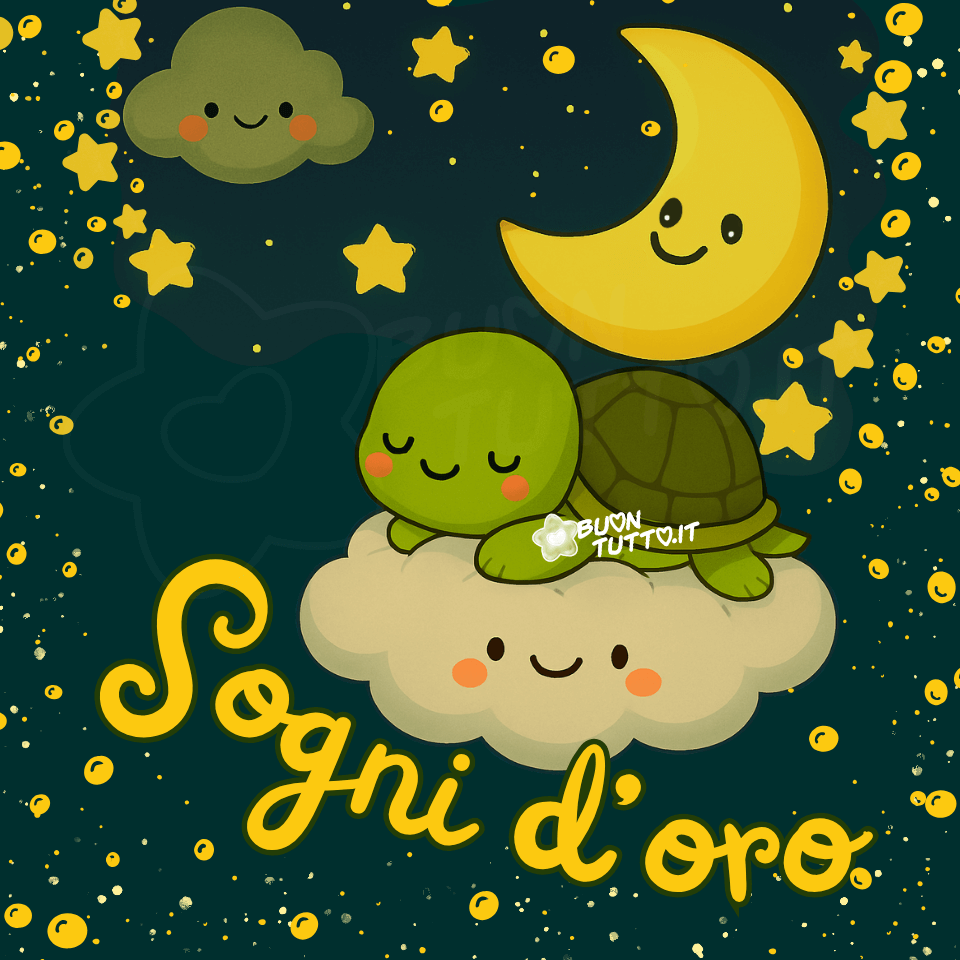Su un meraviglioso sfondo di colore blu-notte che trasmette serenità ci sono disegnati diversi elementi in stile cartoon. Tantissime stelle gialle di varie dimensioni e piccoli puntini dorati sparsi, che creano un effetto scintillante, formando una cornice in cui ci sono racchiusi in alto a destra una grande luna crescente di colore giallo brillante, con un'espressione dolce e sorridente; Al centro dell'immagine, una nuvola grande e soffice di colore bianco, anch'essa con un'espressione amichevole e sorridente. Adagiata sopra la nuvola bianca, c'è una piccola tartaruga stilizzata con un guscio verde più scuro e la testa e le zampette di un verde più chiaro. Ha gli occhi chiusi, delle simpatiche guanciotte rosa e un'espressione serena e sorridente, dorme placidamente coccolata dalla nuvoletta. In alto a sinistra, una nuvola più piccola di colore verde chiaro, anch'essa con un'espressione sorridente, che sembra osservare la scena guardando in modo affettuoso. Nella parte bassa dell'immagine c'è scritto in forma semi-circolare in un carattere corsivo con ghirigori di colore giallo intenso e contorno blu Sogni d’oro. Un'immagine tenera e dolcissima che trasmette affetto, attenzione, coccole, serenità, pace e riposo. Una raccolta di nuove bellissime immagini di Buonanotte da scaricare gratis e condividere con amici, cari, familiari, parenti gruppi tramite WhatsApp, Facebook, X Twitter, Pinterest, Telegram, LinkedIn, Instagram e le tue piattaforme social preferite. Autore buontutto.it