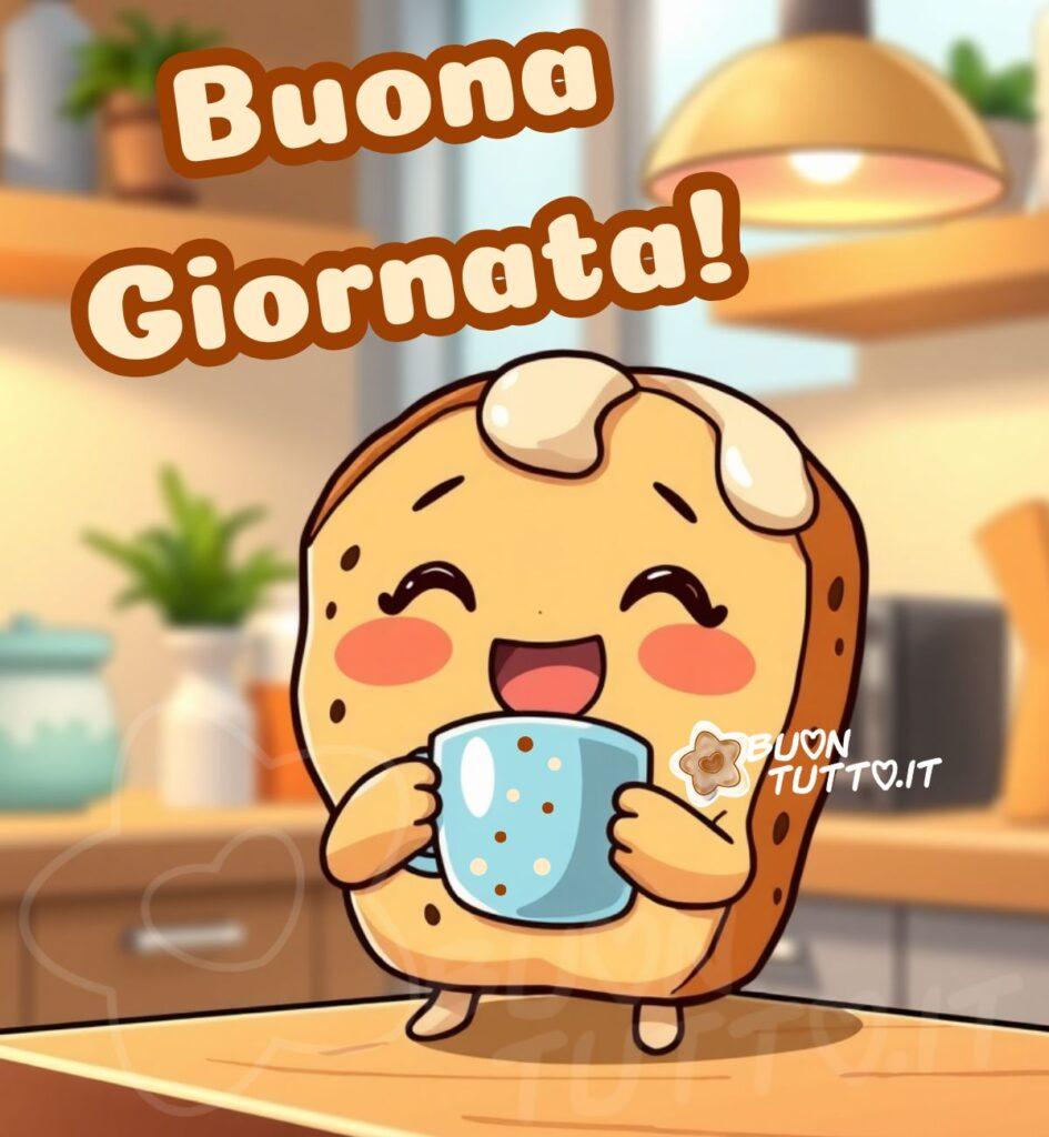 L'illustrazione raffigura una fetta di pane tostato con un'espressione felice, occhi neri e guance rosee. Sopra la sua testa cola del burro fuso. Tra le mani, tiene una tazza blu decorata con pois color crema e marroni. Lo sfondo è una cucina accogliente e leggermente sfocata, dove si distinguono mensole e piante. Nella parte alta dell'immagine c'è scritto in posizione obliqua con un carattere corsivo bombato di colore crema e contorno marrone Buona Giornata! Un'immagine che mette subito di buonumore: accogliente, solare, divertente, gioiosa e allegra. Una raccolta di nuove bellissime immagini di buongiorno da scaricare gratis e condividere con amici, cari, familiari, parenti gruppi tramite WhatsApp, Facebook, X Twitter, Pinterest, Telegram, LinkedIn, Instagram e le tue piattaforme social preferite. Autore BuonTutto.it 