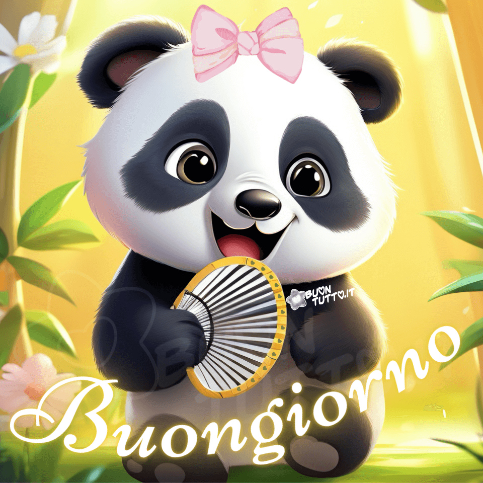 immagini-di-buongiorno-dolcissimo-panda-ventaglio-buonumore-positiva-simpatica-cartoon-bellissima-scaricare-gratis-buontutto Disegno di una tenera pandina, con un sorriso grande e gioioso, espressione dolcissima e tenera indossa sulla testa un delicato fiocchetto di colore rosa e con un ventaglio di bambù, di colore bianco e contorno giallo, si sventola per alleviare la calura. La pandina è seduta sull’erba e intorno a lei ci sono fiori di colore bianco e rami di bambù, lo sfondo e luminoso e trasmette serenità. Nella parte bassa dell'immagine c'è scritto in forma semi-circolare in un carattere corsivo elegante di colore bianco e contorno giallo luminoso Buongiorno. Un'immagine nuova e bellissima che trasmette tenerezza, pace, gioia, serenità e allegria da scaricare gratis e condividere con amici, cari, familiari, parenti gruppi tramite WhatsApp, Facebook, X Twitter, Pinterest, Telegram, LinkedIn, Instagram e le tue piattaforme social preferite. Autore buontutto.it