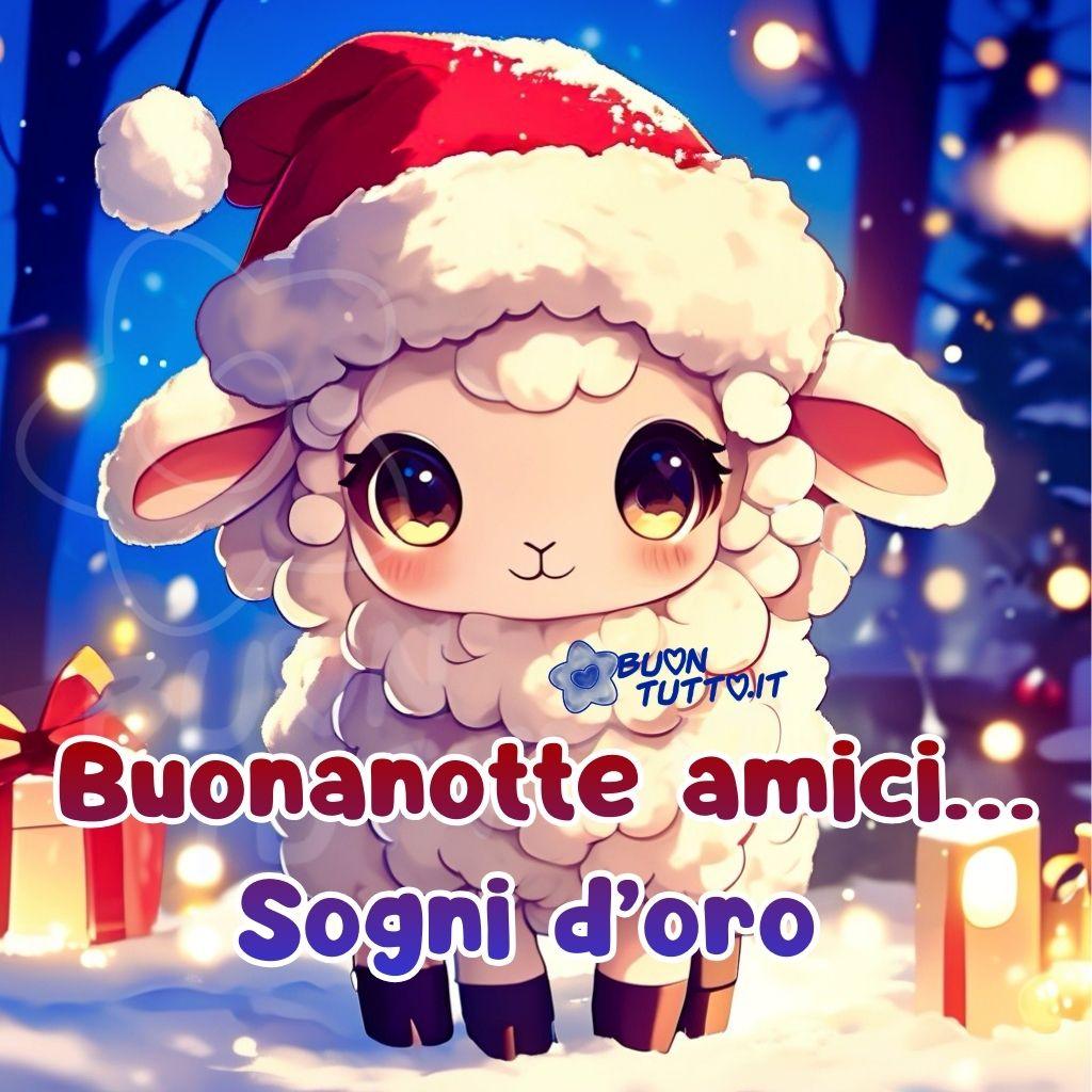 Disegno in primo piano di una dolcissima pecorella. Il suo corpo è ricoperto da una lana candida e vaporosa, simile alla neve appena caduta: soffice, leggera, quasi palpabile. I suoi occhi, grandi e lucenti, trasmettono innocenza e meraviglia, come se stessero contemplando per la prima volta la magia del Natale. Indossa un cappello di Babbo Natale: rosso vivo, con bordo bianco e un pompon rotondo. Intorno a lui, la neve abbraccia il terreno e piccoli doni decorati brillano sullo sfondo alberi e un cielo blu-scuro, ma punteggiato da sfere luminose sospese nell’aria che sembrano lanterne fluttuanti o fiocchi di luce, che donano all’ambiente un’atmosfera incantata, quasi fiabesca. Nella parte bassa dell'immagine c'è scritto in un carattere corsivo bombato di colore marrone-rosso e contorno bianco Buonanotte amici…; di seguito dello stesso carattere ma di colore azzurro sfumato e contorno bianco Sogni d’oro. Un'immagine accogliente, come un abbraccio caldo in una notte fredda che trasmette pace, serenità, magia, tenerezza e attesa natalizia da scaricare gratis e condividere con amici, cari, familiari, parenti gruppi tramite WhatsApp, Facebook, X Twitter, Pinterest, Telegram, LinkedIn, Instagram e le tue piattaforme social preferite. Autore BuonTutto.it 
