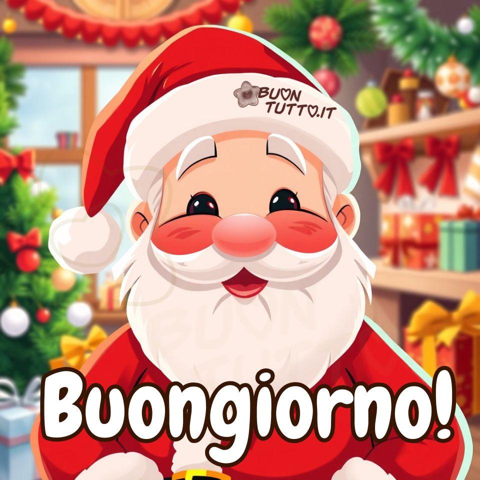 Disegno, in stile cartone animato, di uno sticker di Babbo Natale. Ha un volto allegro, con guance rosee, occhi vivaci e un sorriso caloroso. La sua barba bianca e soffice incornicia il viso. Indossa il tradizionale abito rosso bordato di pelliccia bianca, insieme al cappello rosso con un pompon bianco simbolo inconfondibile del Natale. Dietro Babbo Natale si erge un albero di Natale decorato, ricco di palline colorate, fiocchi e nastri. Alla base dell’albero si trovano pacchetti regalo incartati con carta vivace e nastri luccicanti, pronti per essere donati. Intorno si notano ghirlande e decorazioni festive, che creano un ambiente caldo e gioioso. Nella parte bassa dell'immagine c'è scritto in un carattere corsivo elegante bombato di colore bianco e contorno nero: Buongiorno! Un'immagine che trasmette allegria e magia natalizia, un momento di attesa felice e invita a sognare, mentre i colori e i dettagli richiamano il calore delle feste, i doni e la condivisione da scaricare gratis e condividere con amici, cari, familiari, parenti gruppi tramite WhatsApp, Facebook, X Twitter, Pinterest, Telegram, LinkedIn, Instagram e le tue piattaforme social preferite. Autore BuonTutto.it